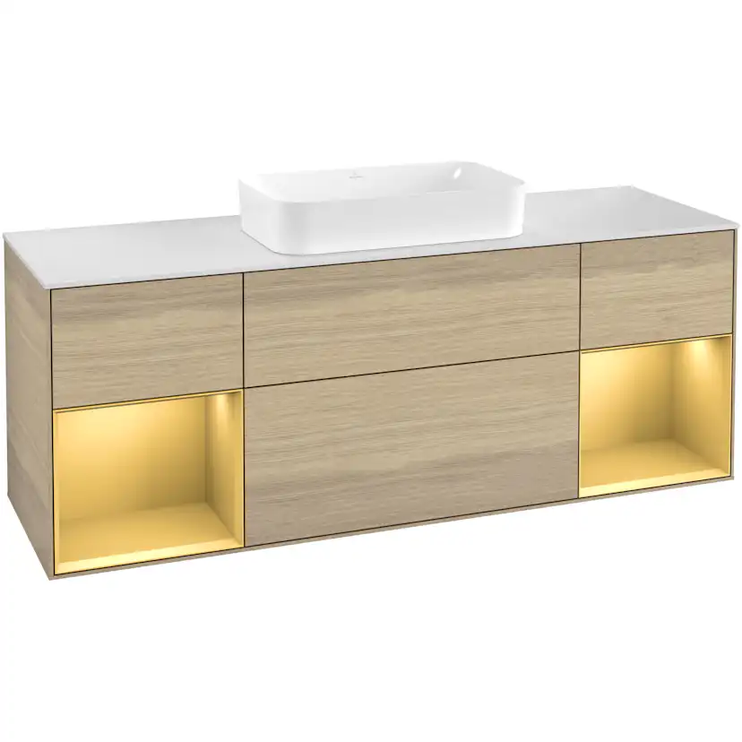 Tvättställsskåp Villeroy & Boch Finion F331HFPC Ekfanér/Guld Mattlack med bänkskiva i Mattvitt glas med Blandarhål