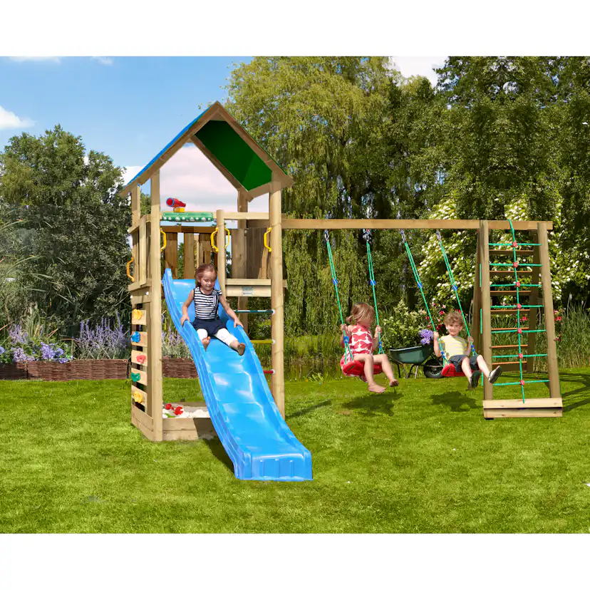 Lektorn Jungle Gym Lodge 2.1 m/2 Climb Modul Med Blå Rutschkana