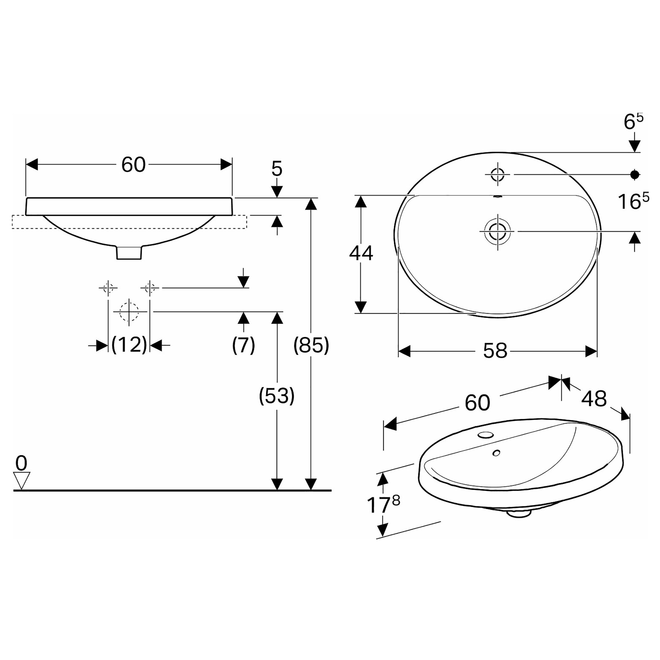 Tvättställ Geberit Variform 600 mm Infälld Ovalt Kanthylla