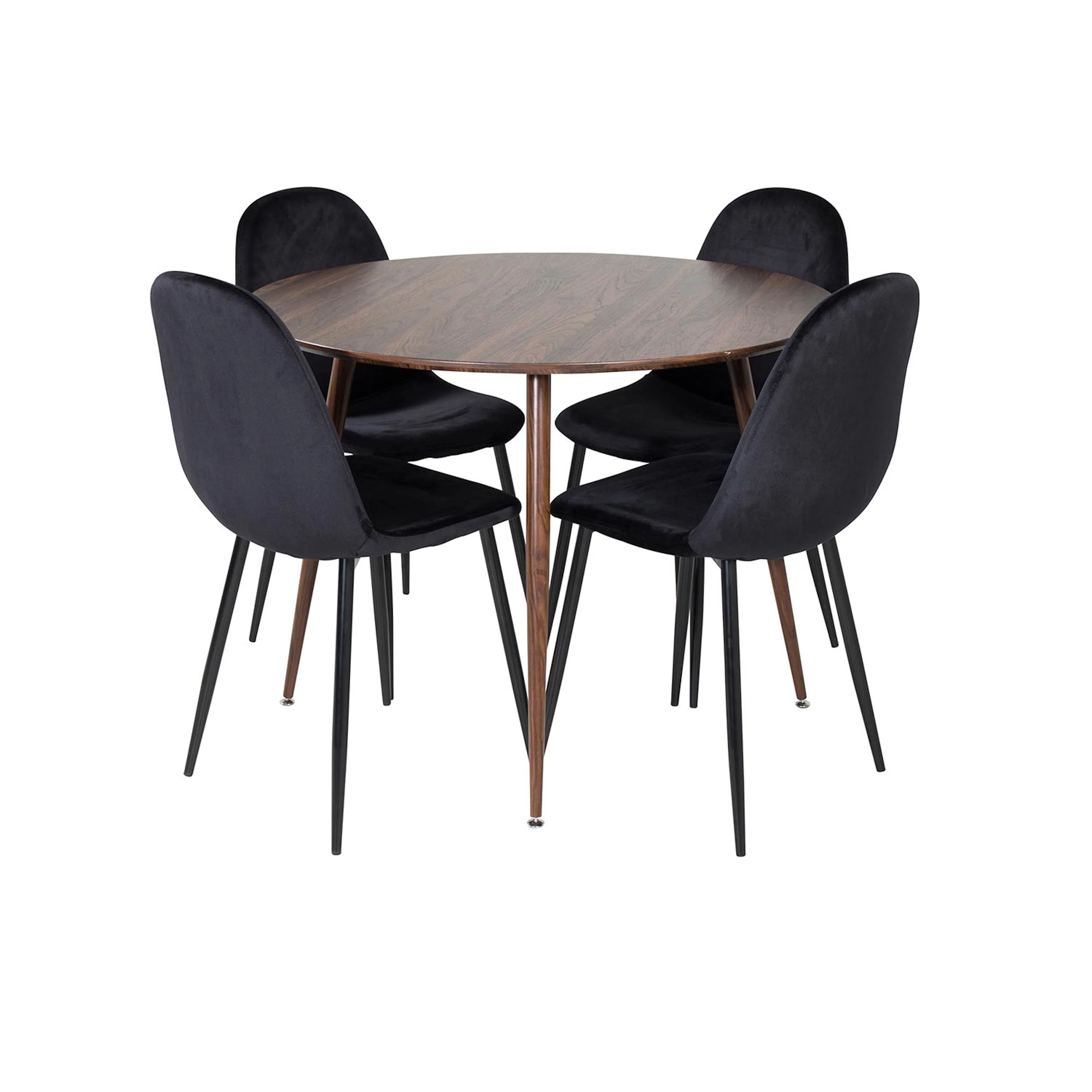 Plaza Round table -Walnut Polar Chair -/ Black Velvet_4 Valnöt Bord med Valnöt Ben, Svart Stol med Svarta Ben