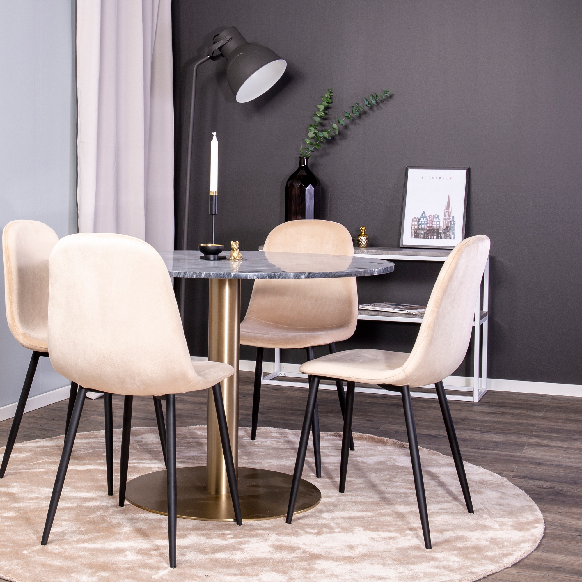 Matgrupp Venture Home Estelle Rund med 4 Pobbie Stolar Sammet