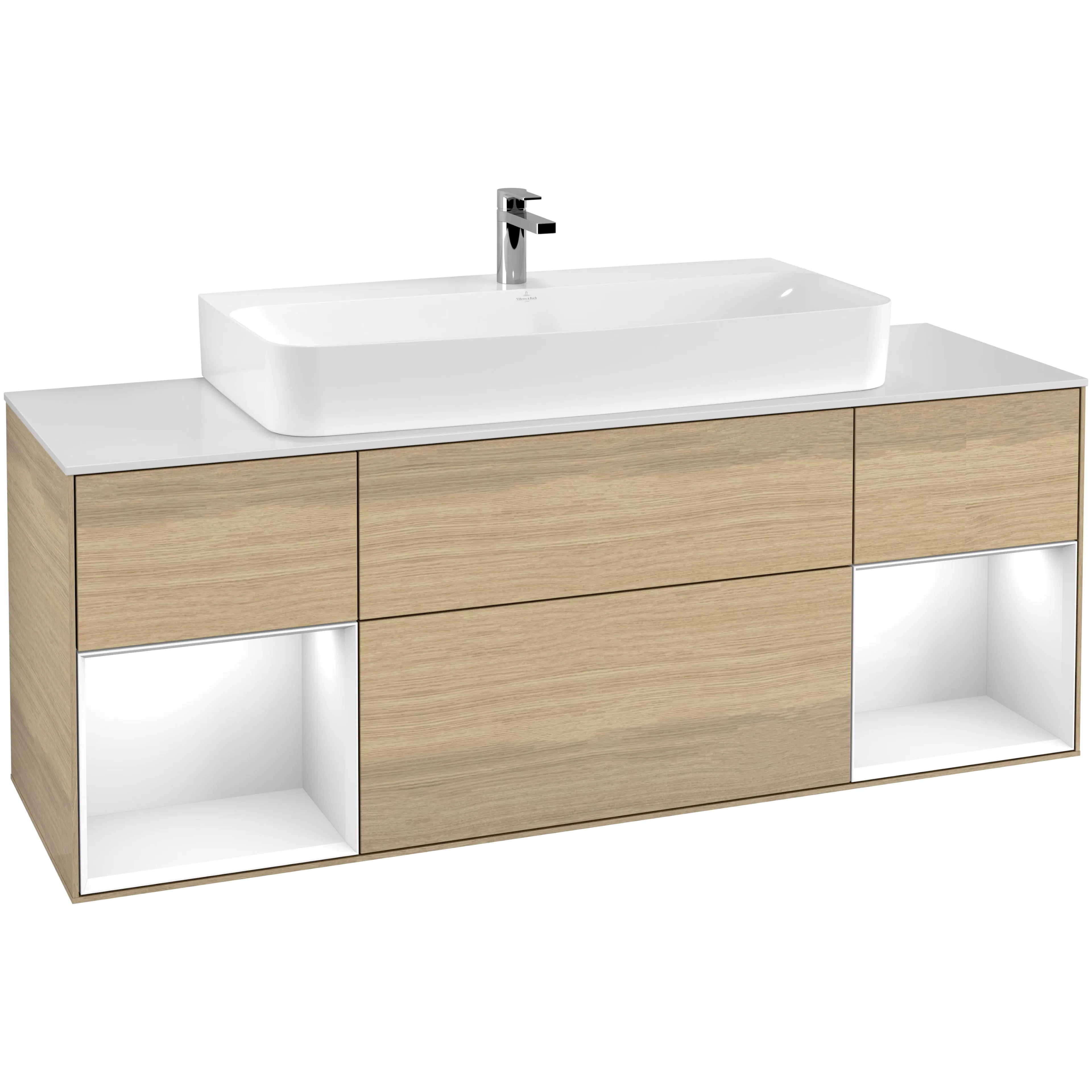 Tvättställsskåp Villeroy & Boch Finion F211GFPC Ekfanér/Vit Högblank med bänkskiva i Mattvitt glas