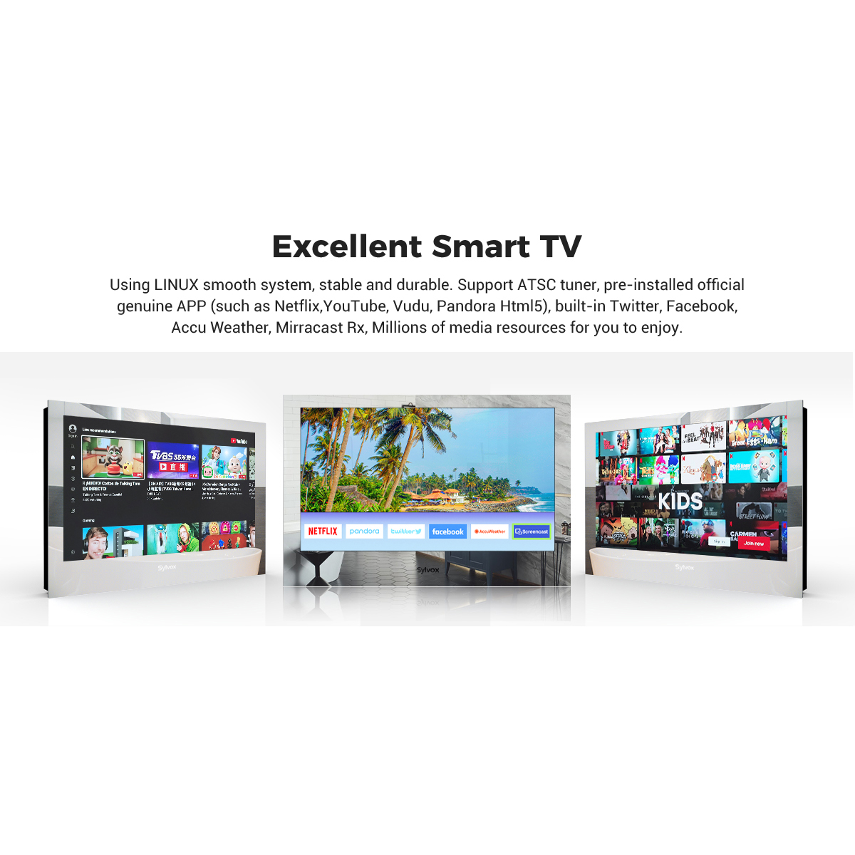 Smart Badrumsspegel TV Sylvox Vattentät 24tum