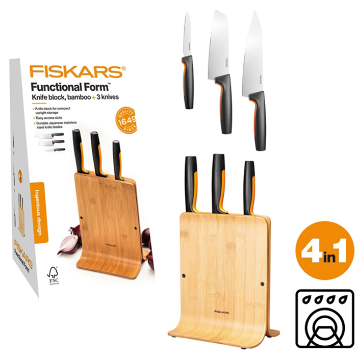 Knivblock Fiskars Functional Form  i Miljövänligt Bambu Inkl 3 Proffessionella Knivar