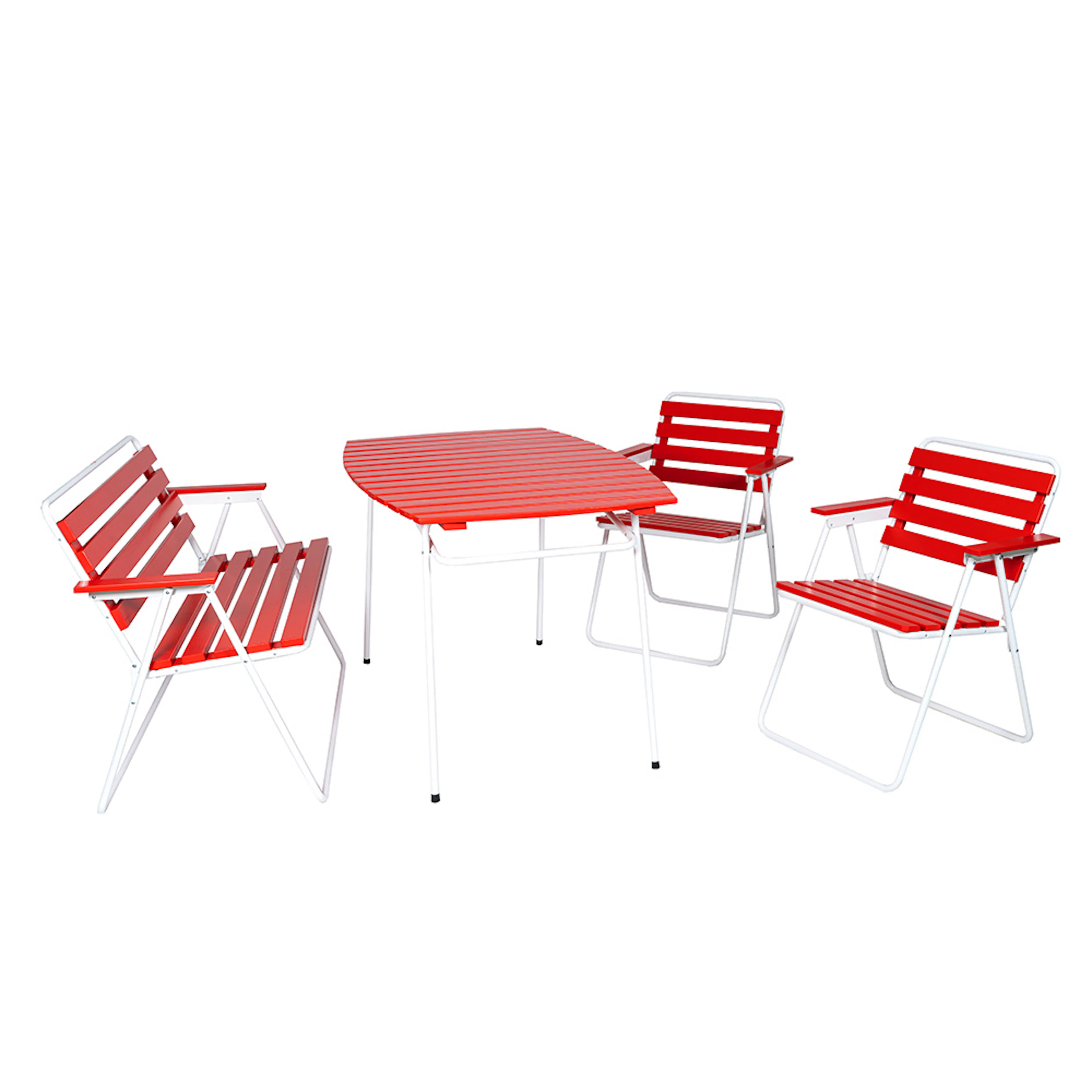 Retro set bord 403 + 2st 305 stolar + 302 bänk, vit/röd Vit/Röd