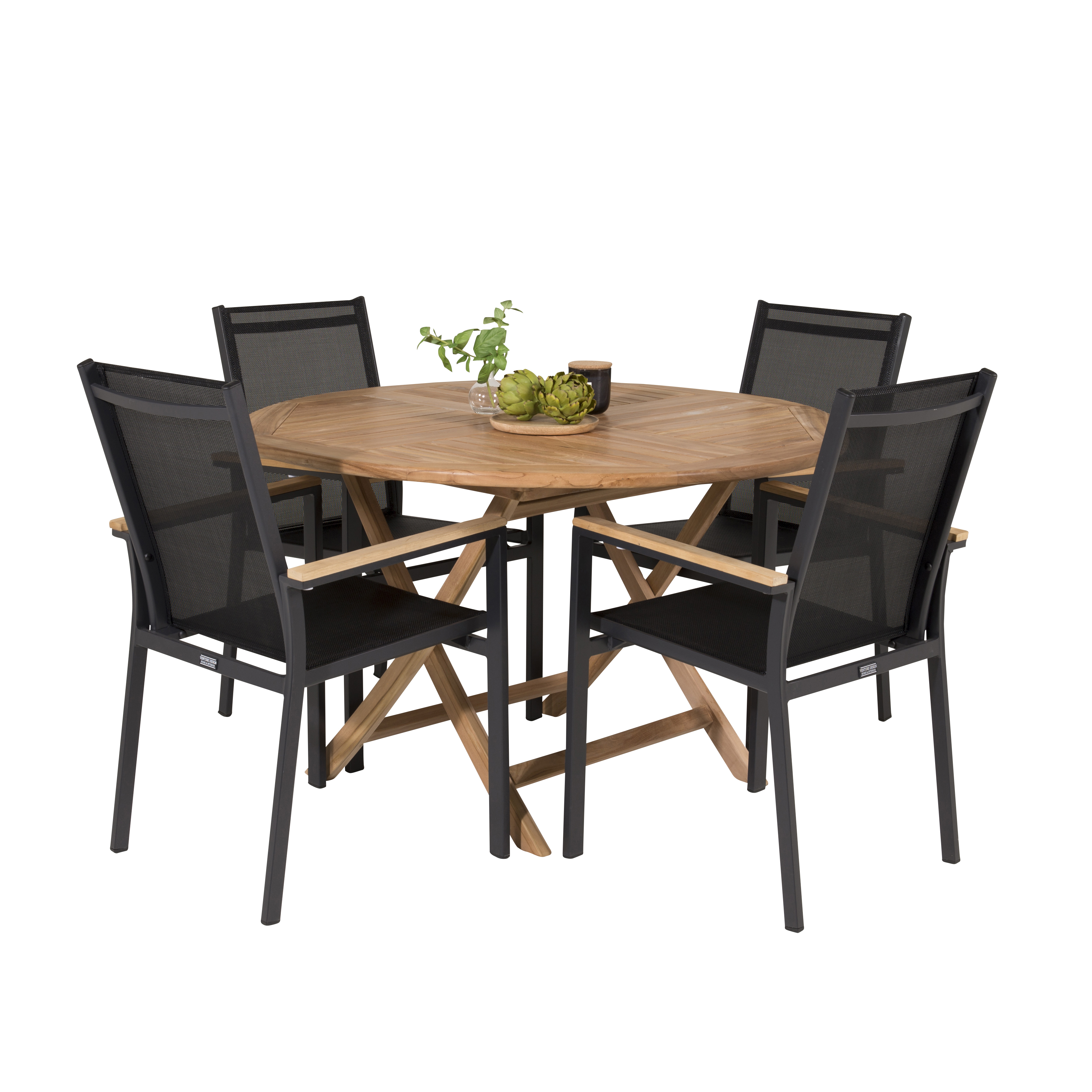 Kenya Round Bordø120cm-Teak+Texas stol-svart/Teak4 Svart/Teak