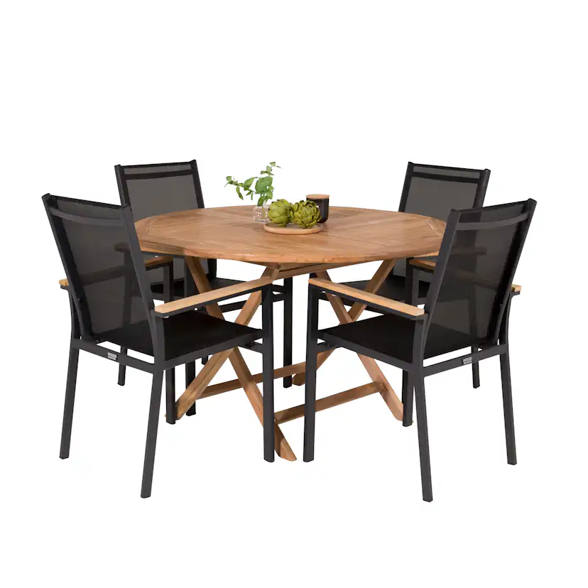 Kenya Round Bordø120cm-Teak+Texas stol-svart/Teak4 Svart/Teak