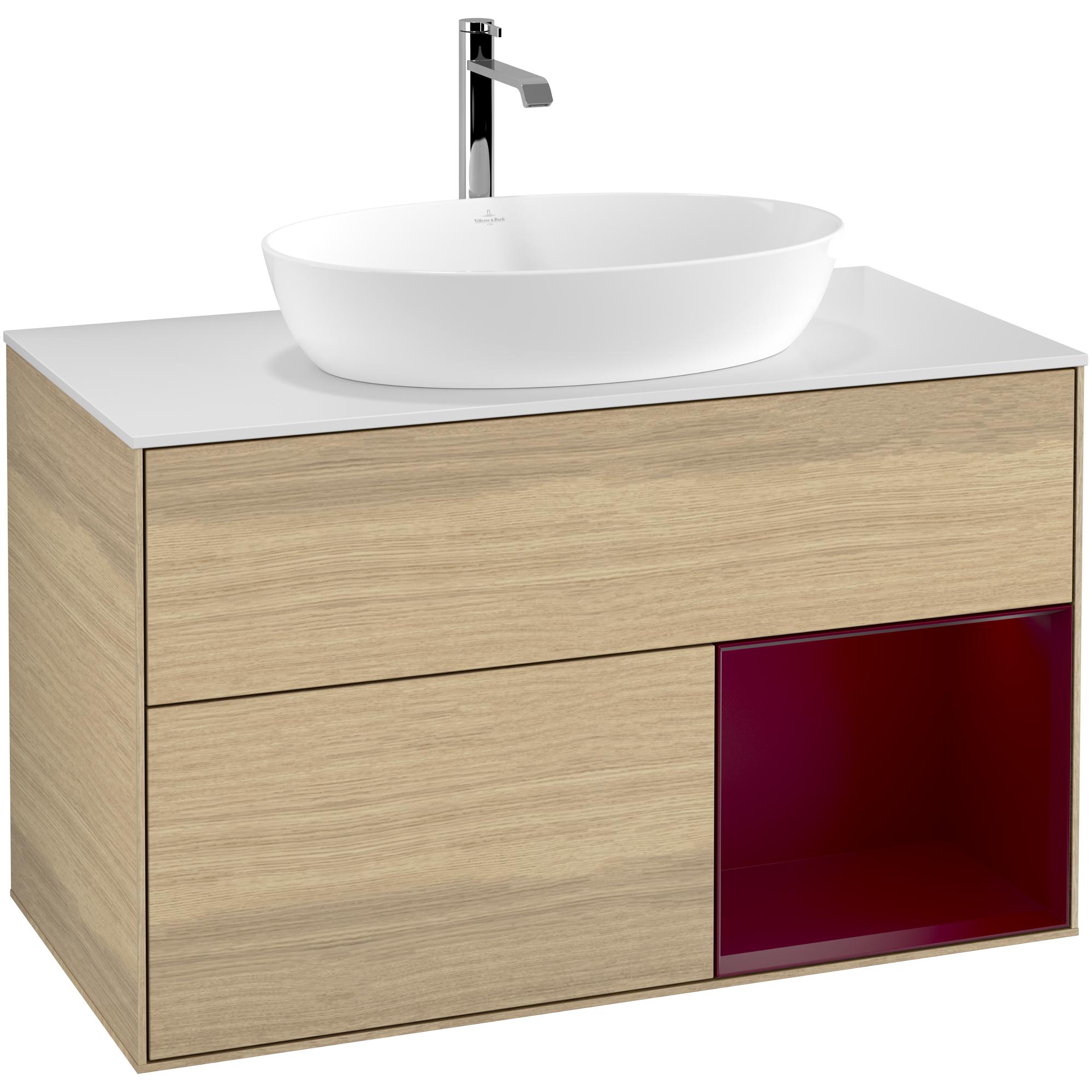 Tvättställsskåp Villeroy & Boch Finion G781HBPC Ekfanér/Pion Mattlack med bänkskiva i Mattvitt glas med Väggbelysning, Lucka Höger Med Blandarhål