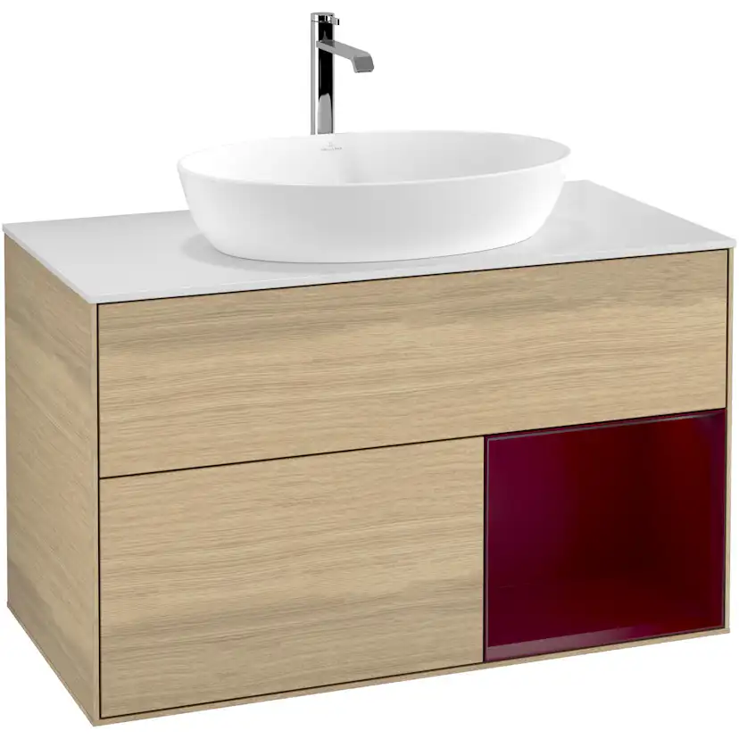Tvättställsskåp Villeroy & Boch Finion G781HBPC Ekfanér/Pion Mattlack med bänkskiva i Mattvitt glas med Väggbelysning, Lucka Höger Med Blandarhål