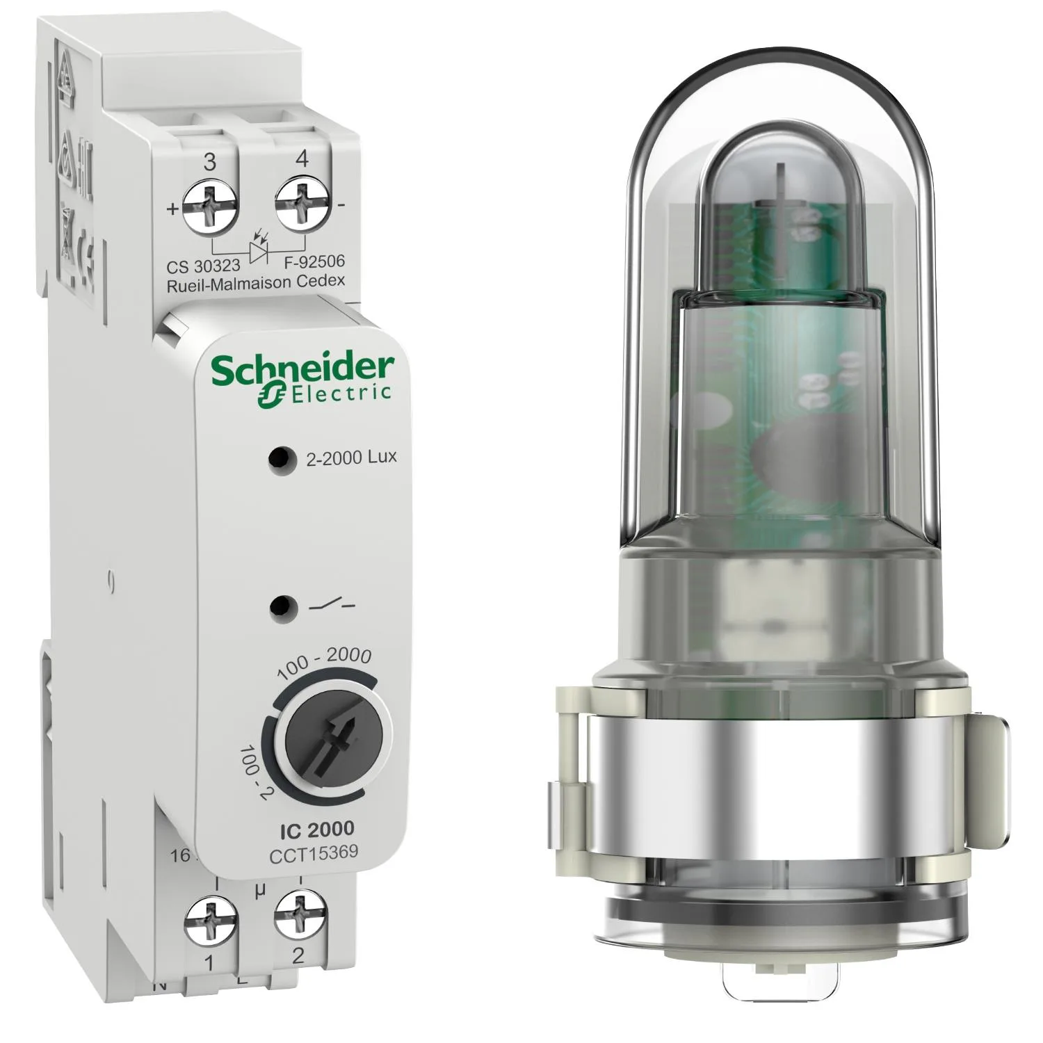 Skymningsrelä Schneider Electric Acti 9 IC2000d 2–2000 lux 16A 230V AC med ljussensor för utomhusbruk