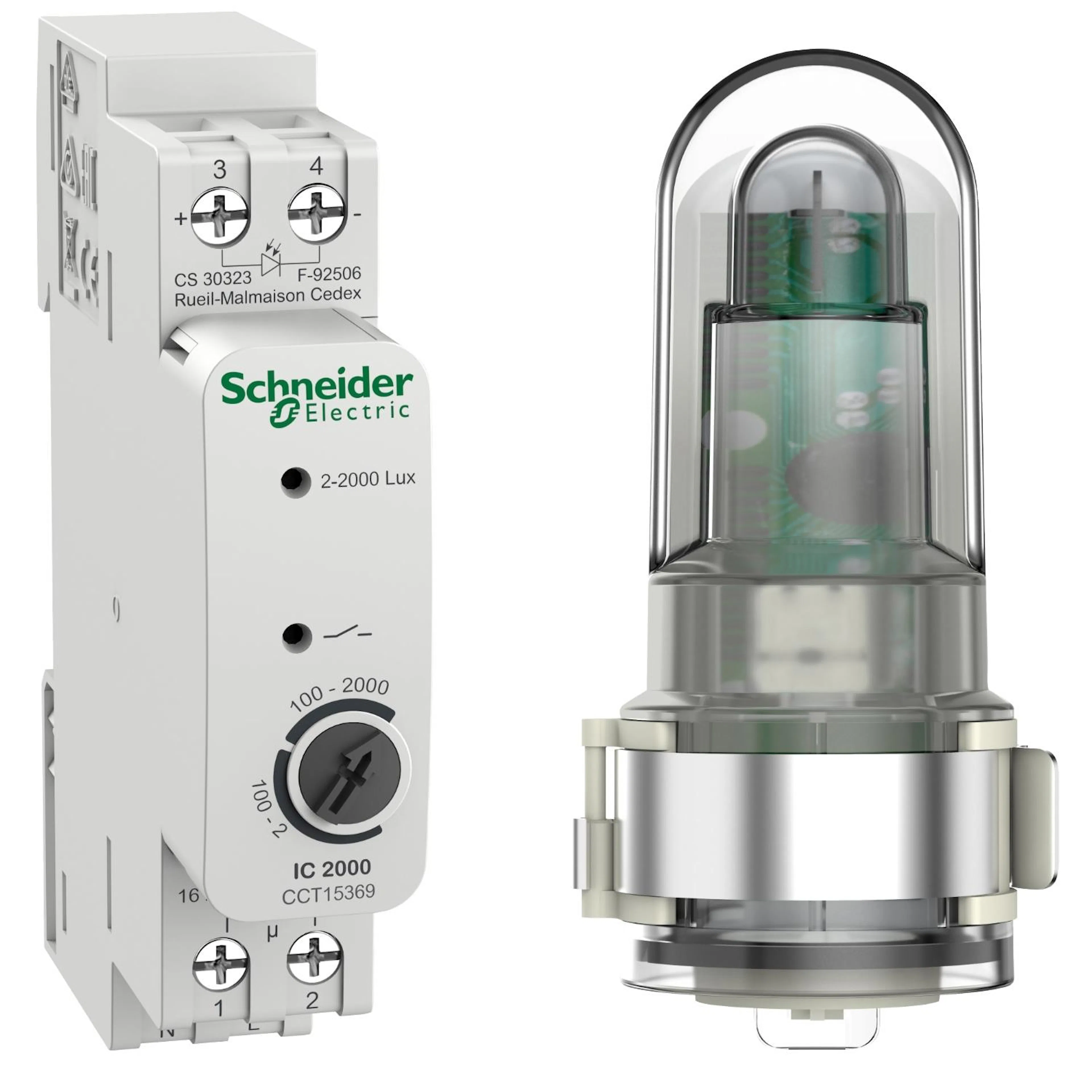 Skymningsrelä Schneider Electric Acti 9 IC2000d  2–2000 lux 16A 230V AC med ljussensor för utomhusbruk