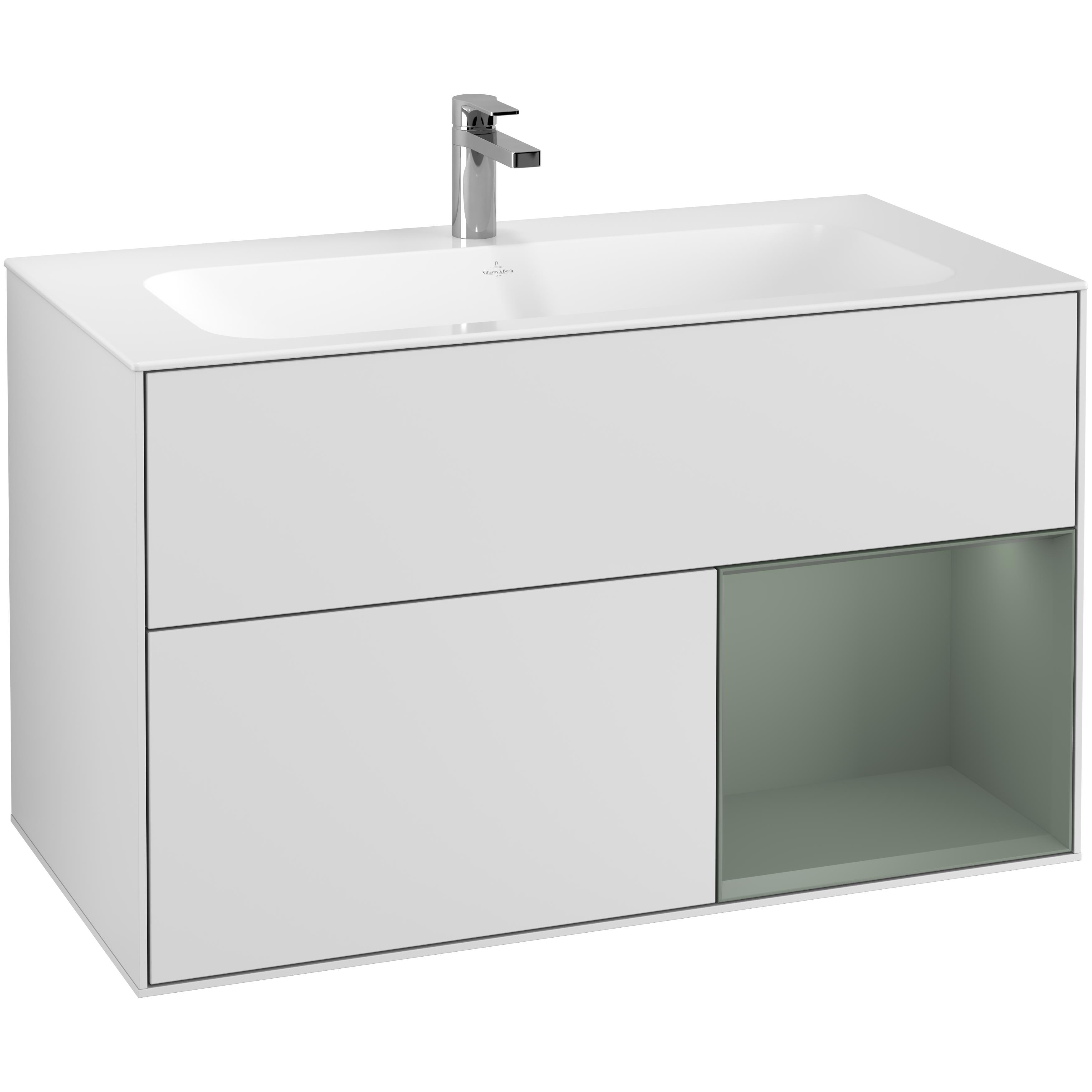Tvättställsskåp Villeroy & Boch Finion G040GMMT Vit Mattlack/Oliv Mattlack med Väggbelysning, Lucka Höger