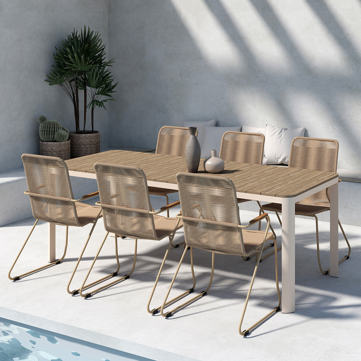 Trädgårdsmatgrupp Venture Home Etna Rektangulärt Matbord 210x90x75 Beige med 6 st Bois Trädgårdsstolar Beige