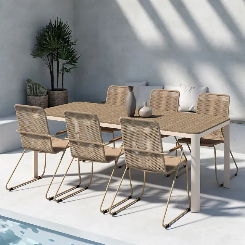 Trädgårdsmatgrupp Venture Home Etna Rektangulärt Matbord 210x90x75 Beige med 6 st Bois Trädgårdsstolar Beige