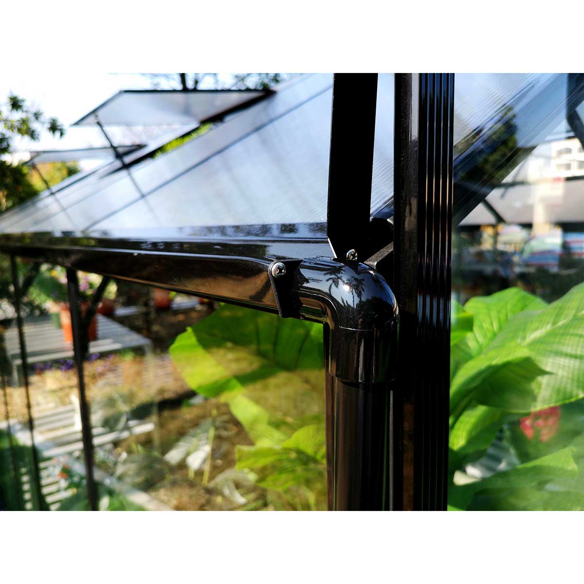 Växthus 14m2, glas, pc-tak, 6 fönster, Svart Svart