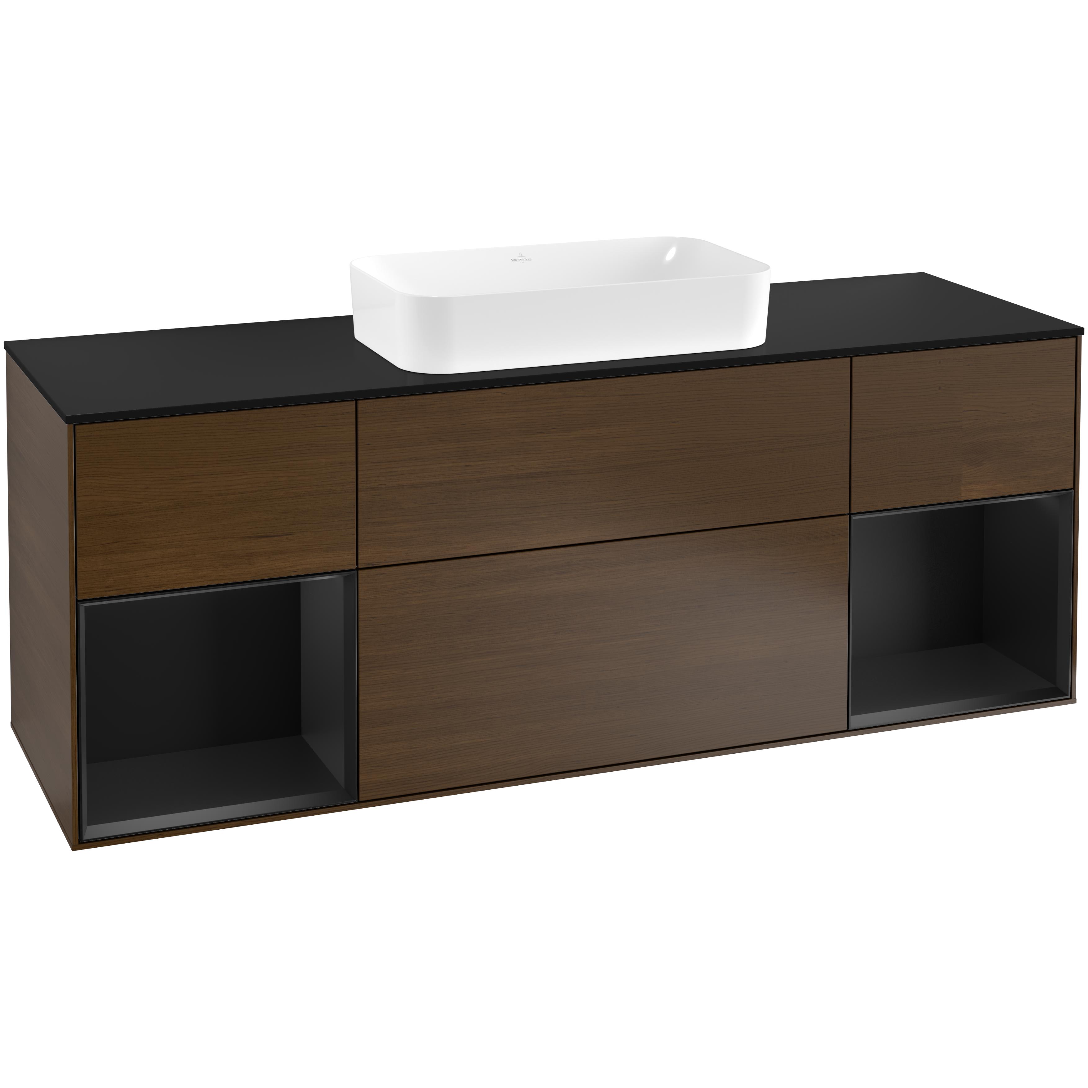 Tvättställsskåp Villeroy & Boch Finion G332PDGN Valnötsfanér/Svart Mattlack med bänkskiva i Mattsvart glas med Väggbelysning med Blandarhål