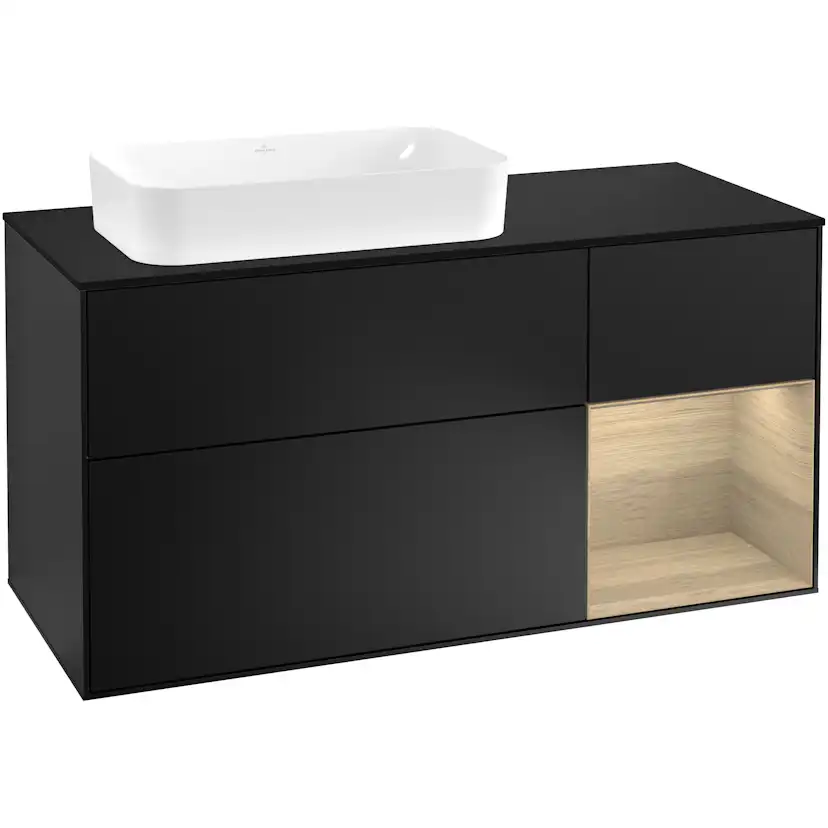 Tvättställsskåp Villeroy & Boch Finion G282PCPD Svart Mattlack/Ekfanér med bänkskiva i Mattsvart glas med Väggbelysning, Lucka Höger med Blandarhål