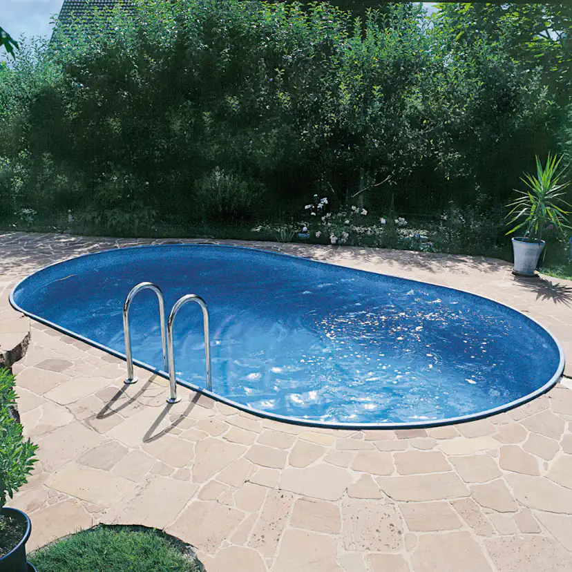 Stålväggspool Premium, oval, 6,0x3,2x1,5m, inbyggd, L:Blå 0. Blå