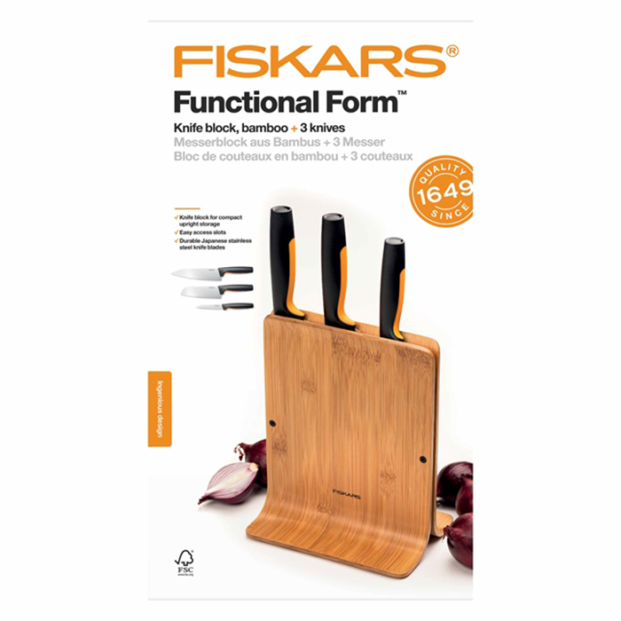 Knivblock Fiskars Functional Form  i Miljövänligt Bambu Inkl 3 Proffessionella Knivar
