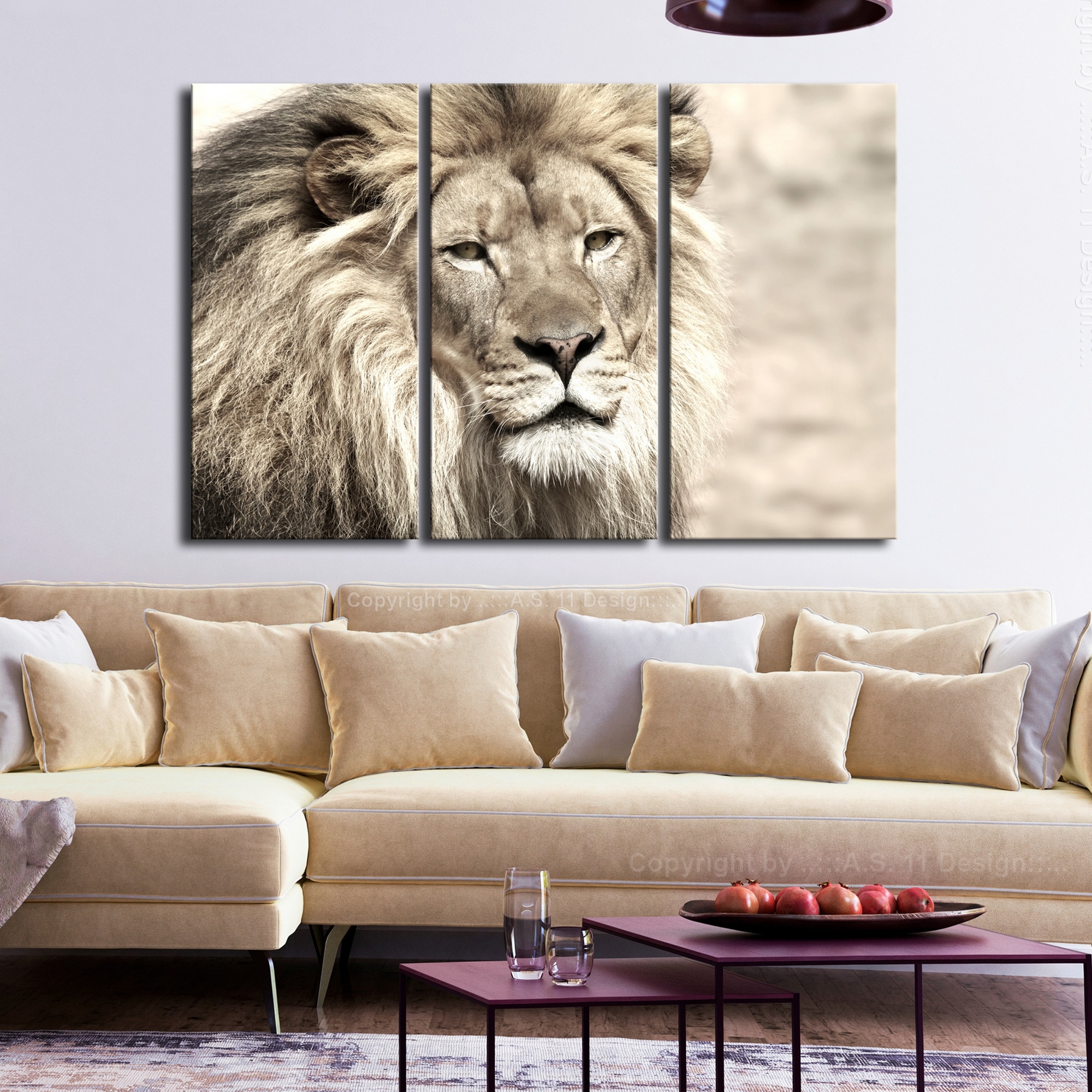 Tavla - The King of Beasts (3 Parts) Beige 90x60 90x60 cm