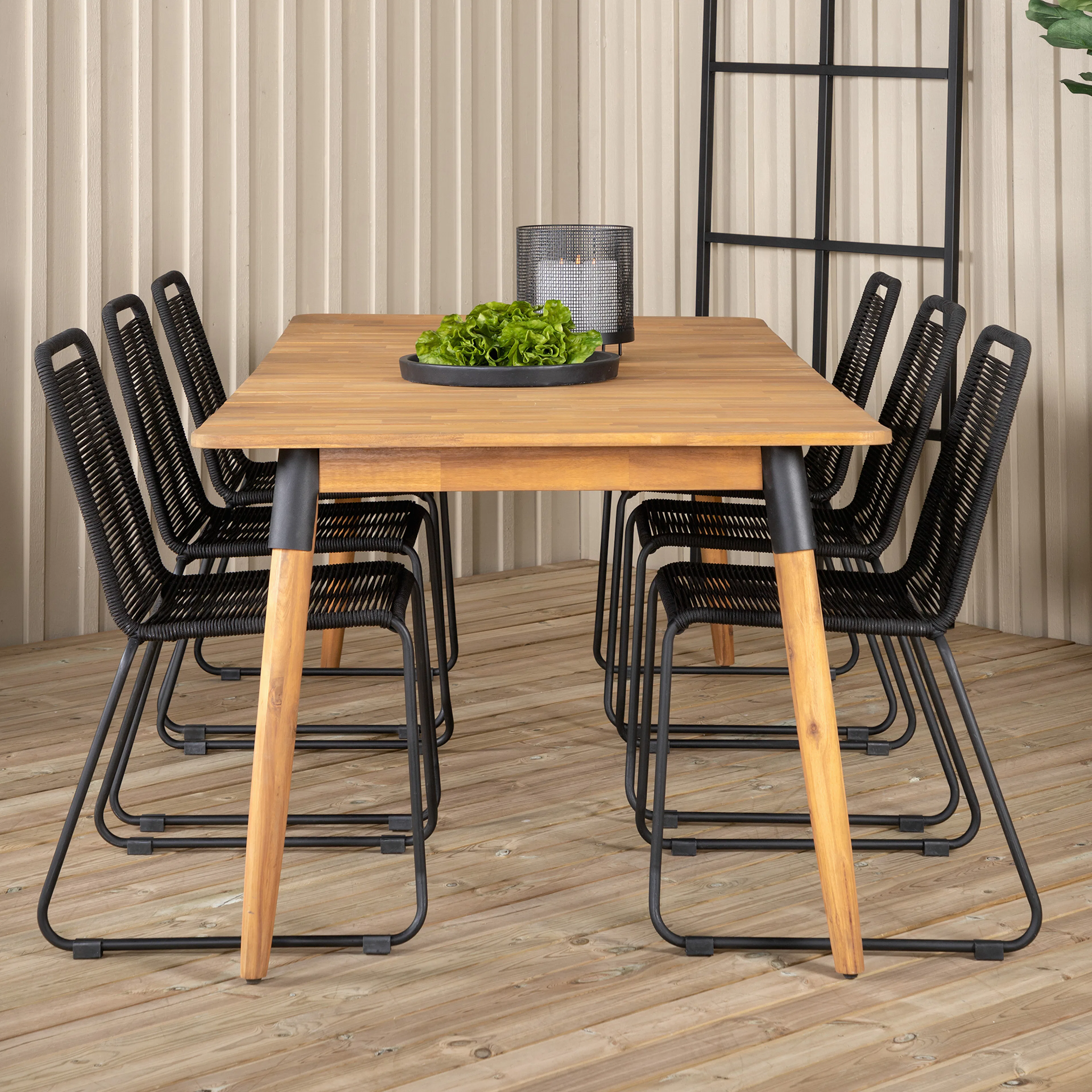 Julian Dining Table - Acasia - 210*100cm+Lindos Stacking Cha Svart