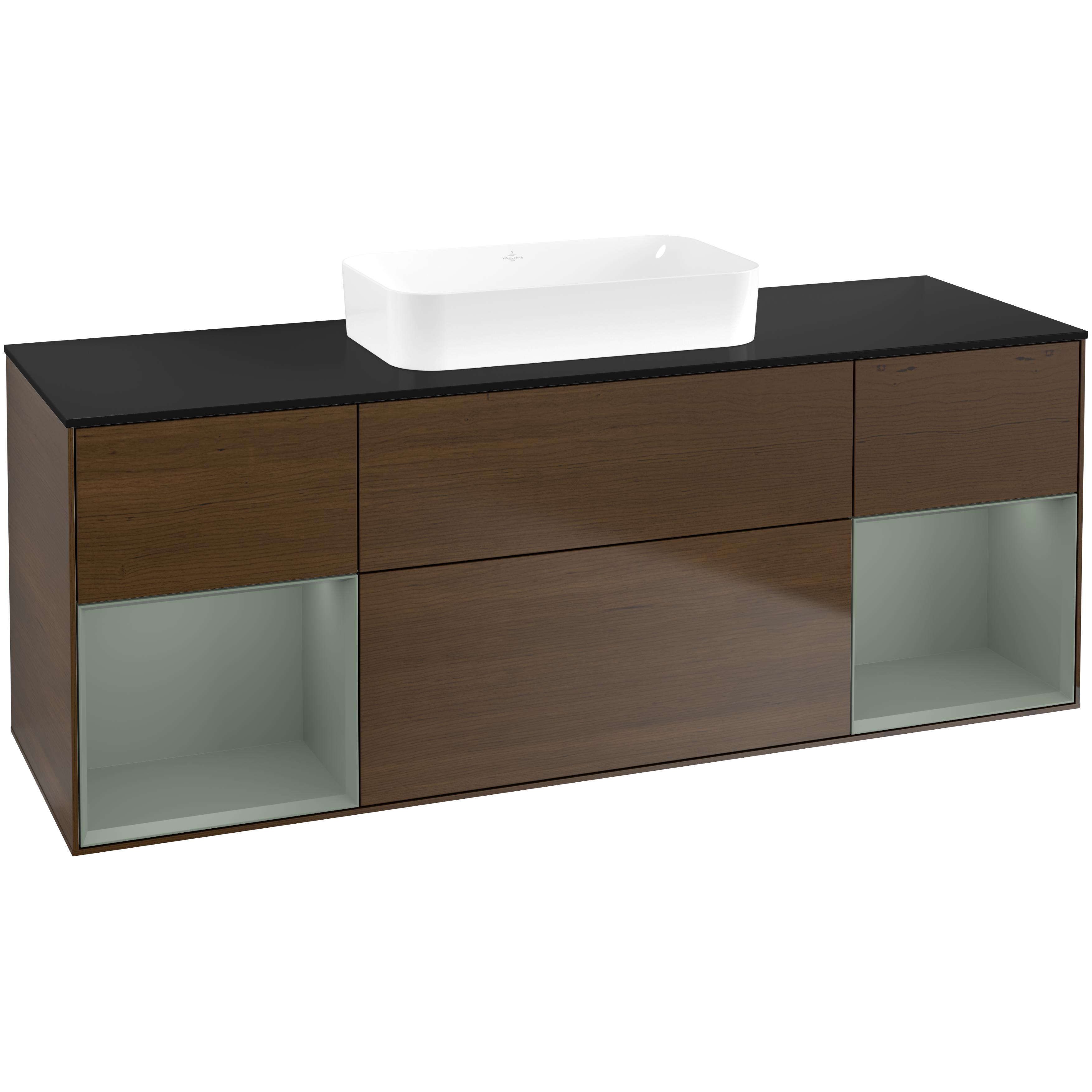 Tvättställsskåp Villeroy & Boch Finion F742GMGN Valnötsfanér/Oliv Mattlack med bänkskiva i Mattsvart glas utan Blandarhål