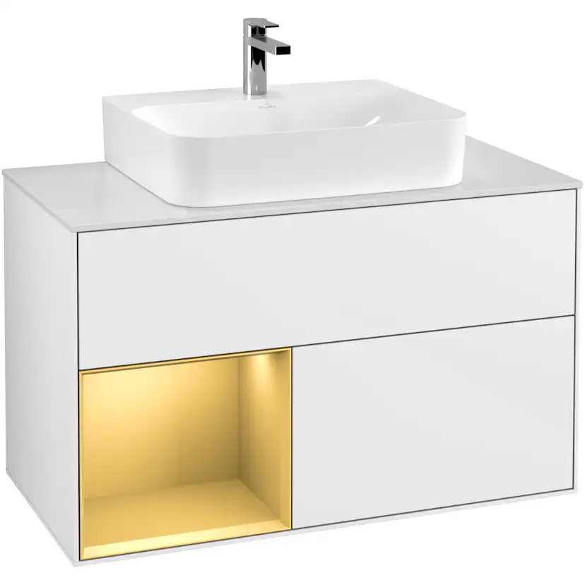 Tvättställsskåp Villeroy & Boch Finion G111HFGF Vit Högblank/Guld Mattlack med bänkskiva i Mattvitt glas med Väggbelysning, Lucka Vänster