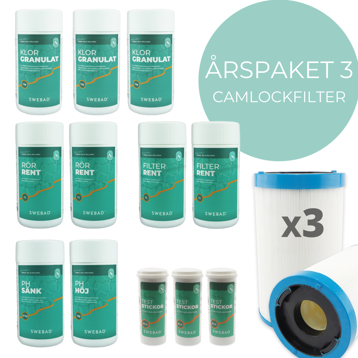 Årspaket 3 Swebad för Swimspa Hydro Zone med 6 Camlockfilter och Bajonettfattning