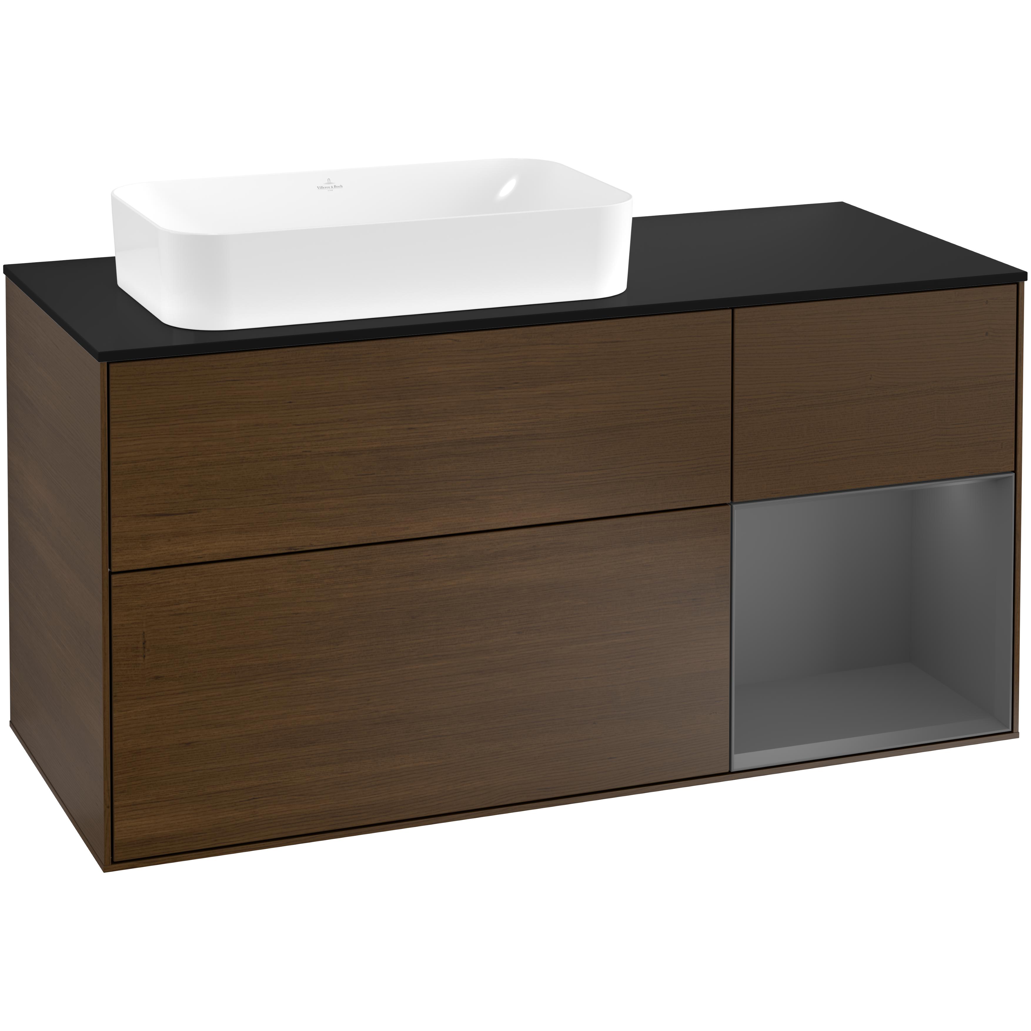 Tvättställsskåp Villeroy & Boch Finion G282GKGN Valnötsfanér/Antracitgrå Mattlack med bänkskiva i Mattsvart glas med Väggbelysning, Lucka Höger med Blandarhål