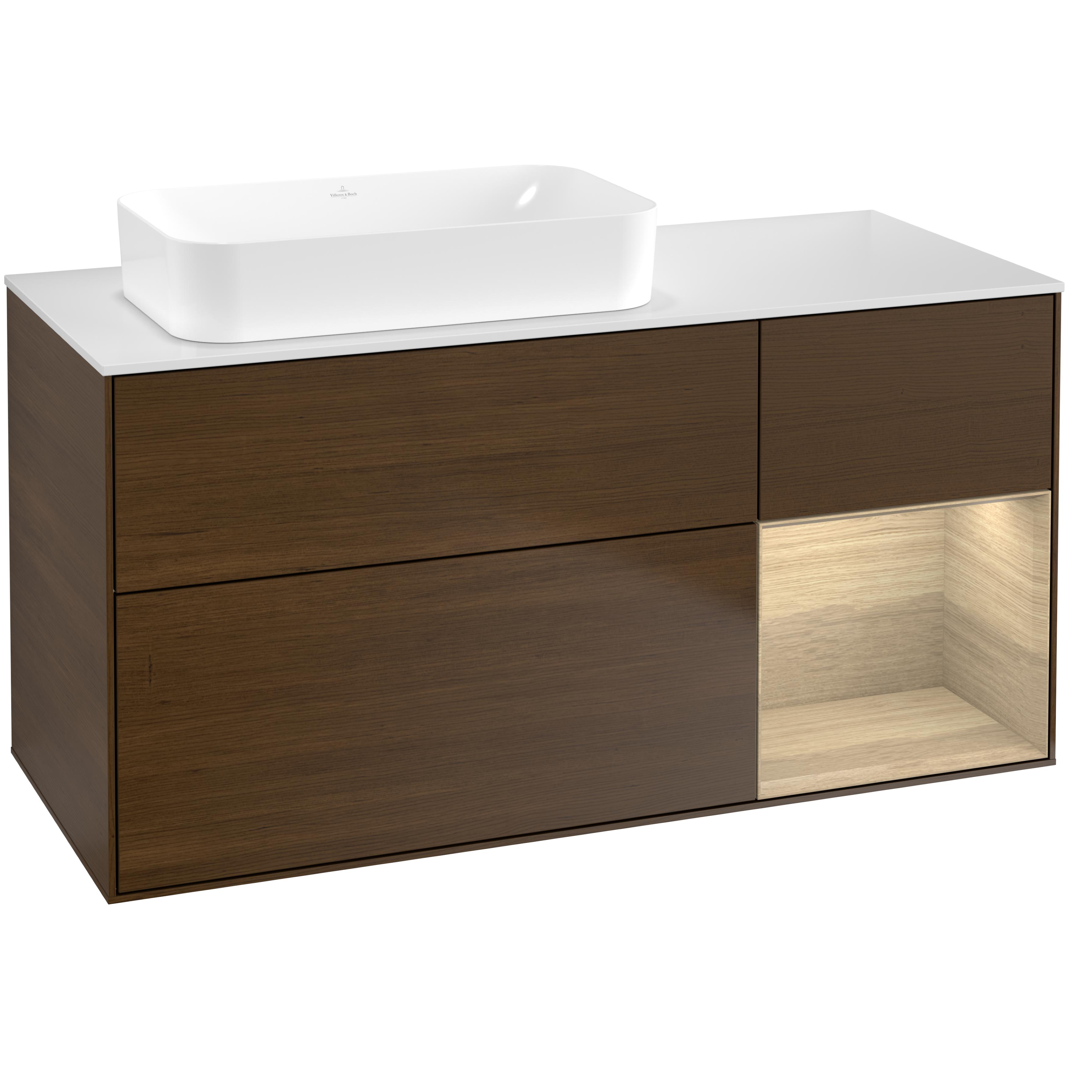 Tvättställsskåp Villeroy & Boch Finion G691PCGN Valnötsfanér/Ekfanér med bänkskiva i Mattvitt glas med Väggbelysning, Lucka Höger utan Blandarhål