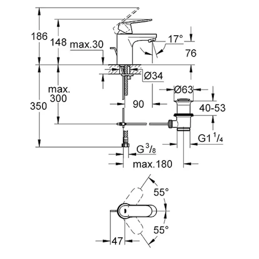 Tvättställsblandare Grohe Eurosmart Cosmopolitan 32825 med Lyftventil