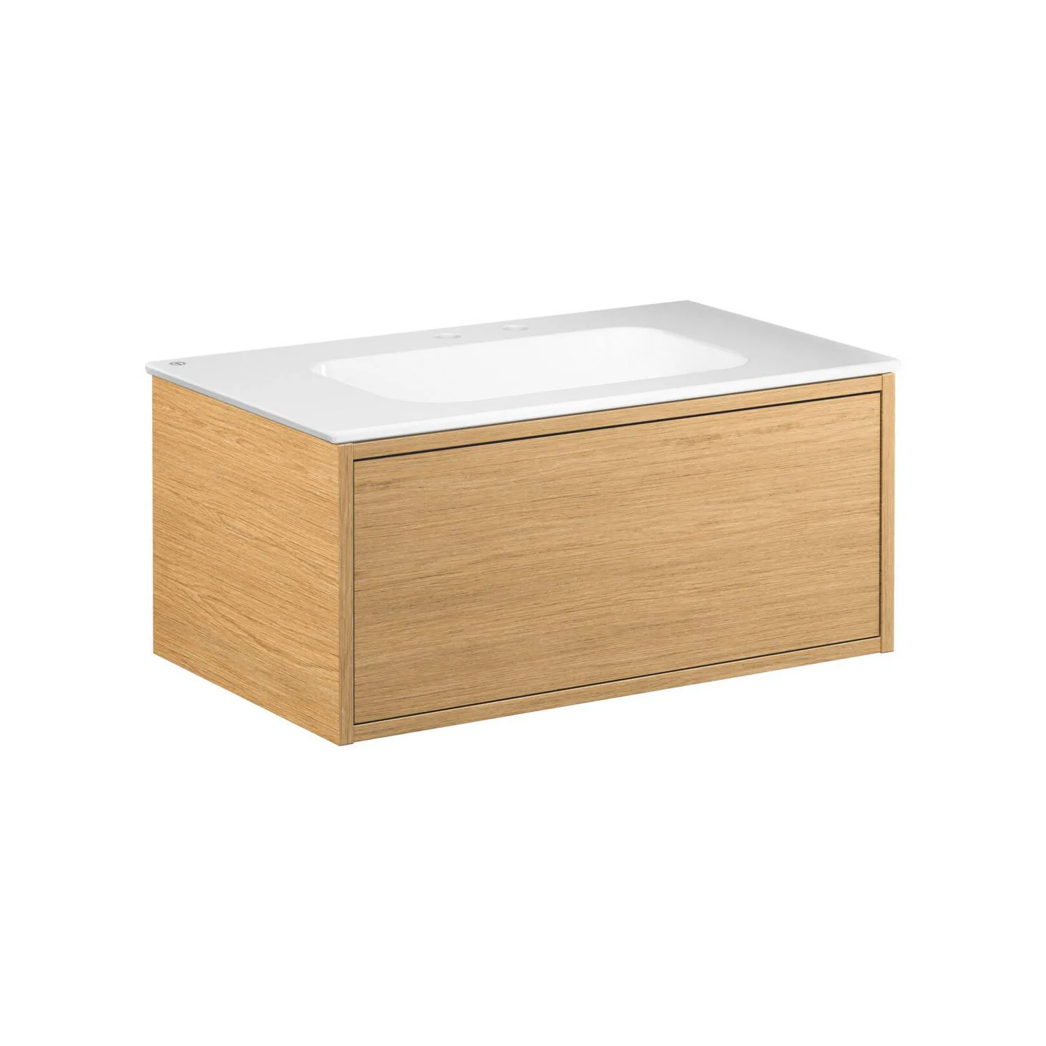 Kommod Ducentic Ljus ek - 80 cm. Porslinstvättställ, Vit, fö Ljus Ek, Hål för 1 st Dubbelhålsblandare