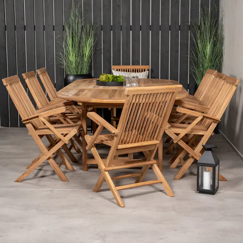 Matgrupp Venture Home Kenya 180-240x120 Teak med 8 Fällbara Stolar med Armstöd