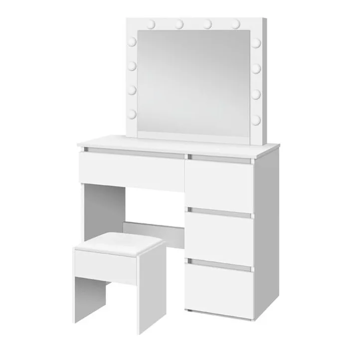 Sminkbord Lykke Amelia Vit med Spegel, Belysning Pall & Lådor