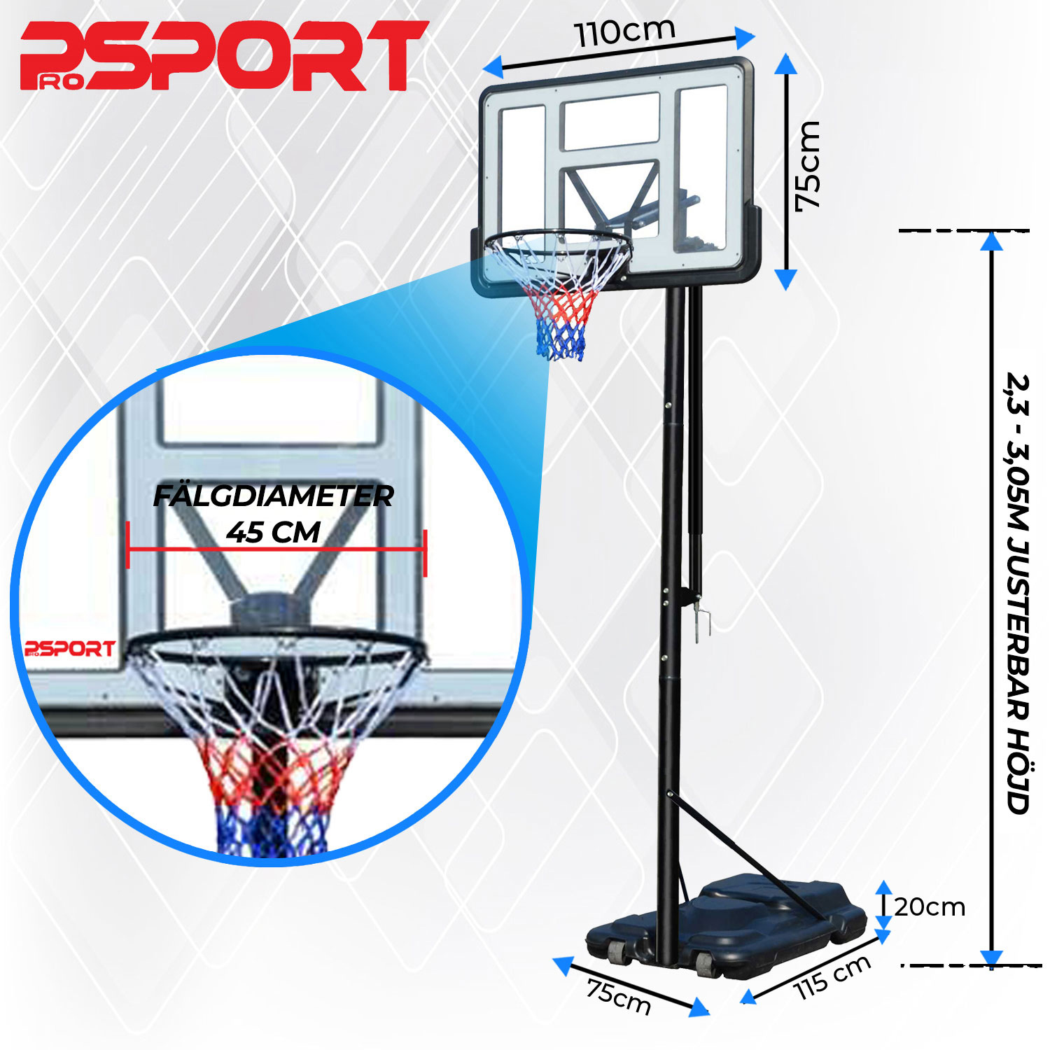 Basketställning ProSport Premium Justerbar Basketkorg, 2,3-3,05m