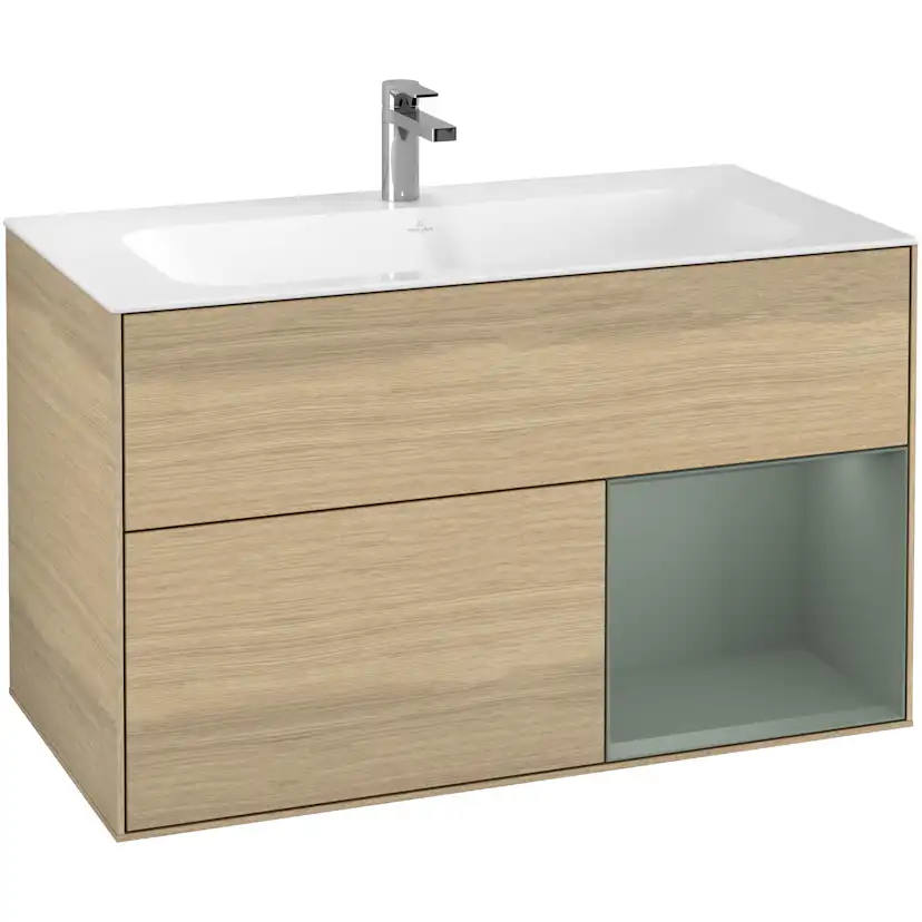 Tvättställsskåp Villeroy & Boch Finion G040GMPC Ekfanér/Oliv Mattlack med Väggbelysning, Lucka Höger