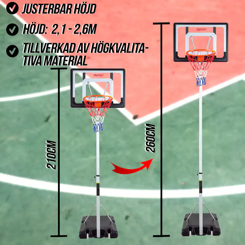 Basketställning ProSport Ungdom Justerbar Basketkorg med Hjul 2,1-2,6m