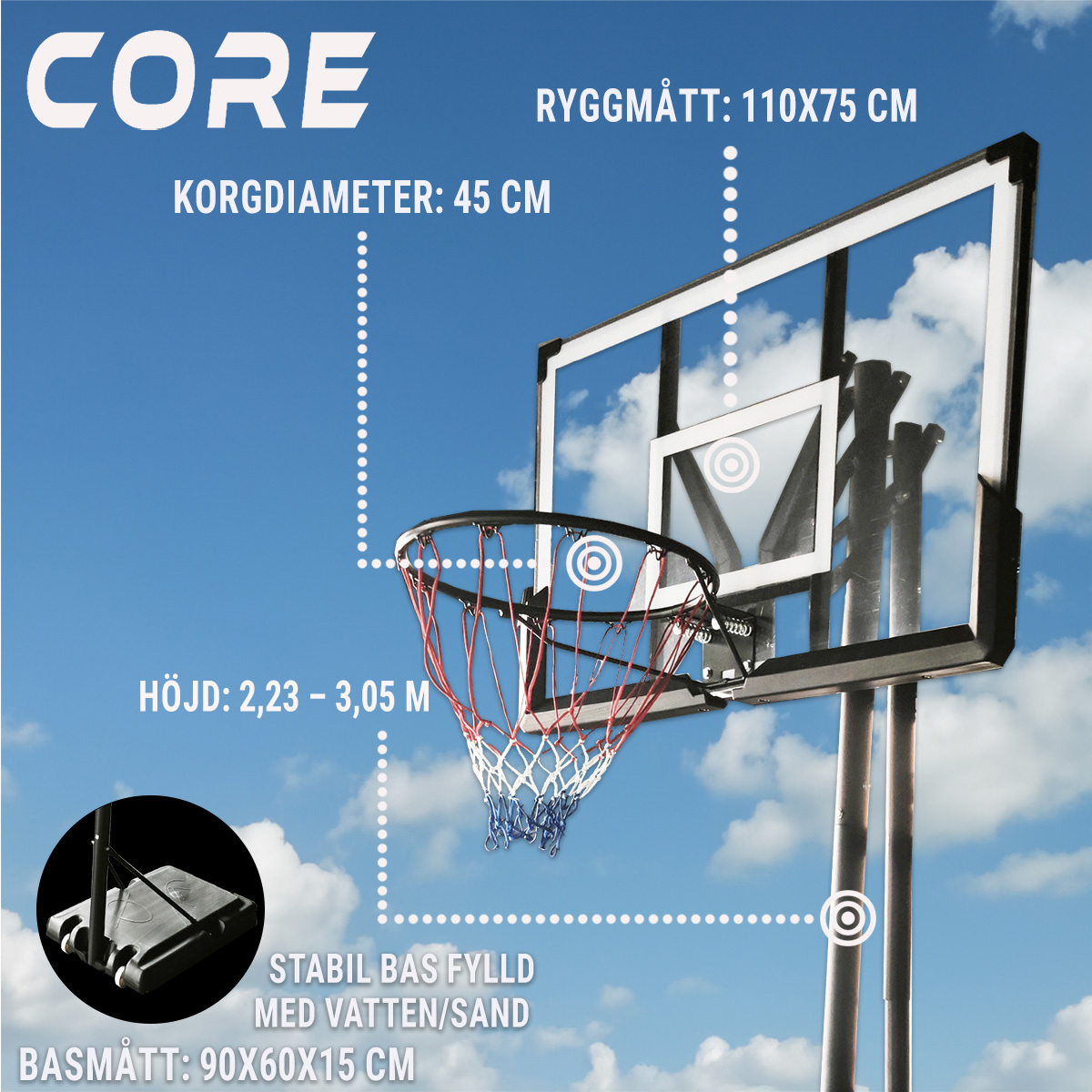 Basketställning Core Premium Justerbar Basketkorg 2,3-3,05m