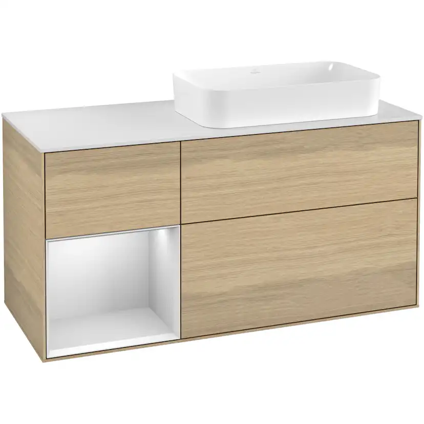 Tvättställsskåp Villeroy & Boch Finion G271MTPC Ekfanér/Vit Mattlack med bänkskiva i Mattvitt glas med Väggbelysning, Lucka Vänster med Blandarhål