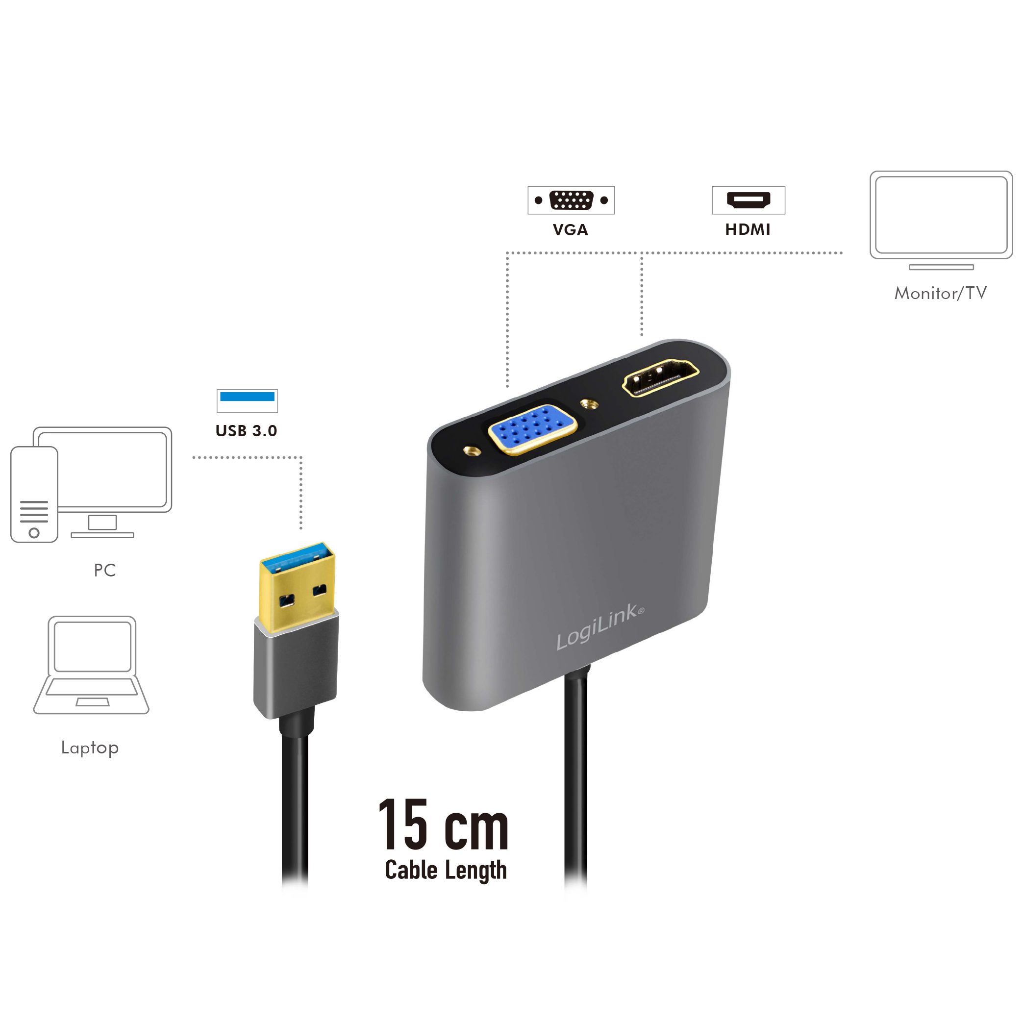 Adapter LogiLink USB-A 3.0 till HDMI-Hona + VGA-Hona