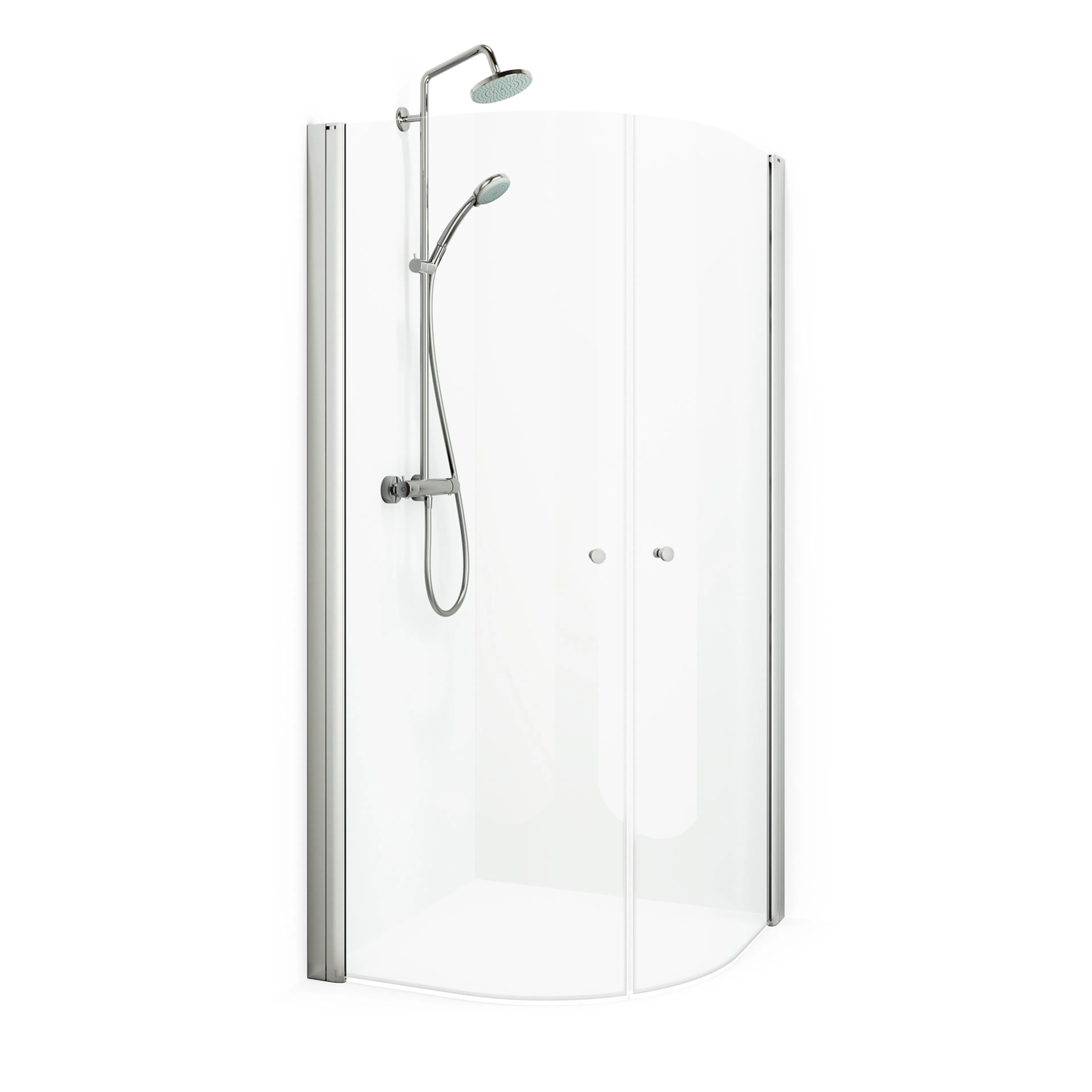 Spirit Rund 80x80 Ma Kl 800x800x1970 mm, Matt Aluminium, Klarglas med Knopp