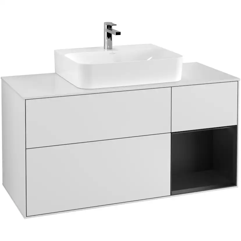 Tvättställsskåp Villeroy & Boch Finion G171PDMT Vit Mattlack/Svart Mattlack med bänkskiva i Mattvitt glas med Väggbelysning, Lucka Höger