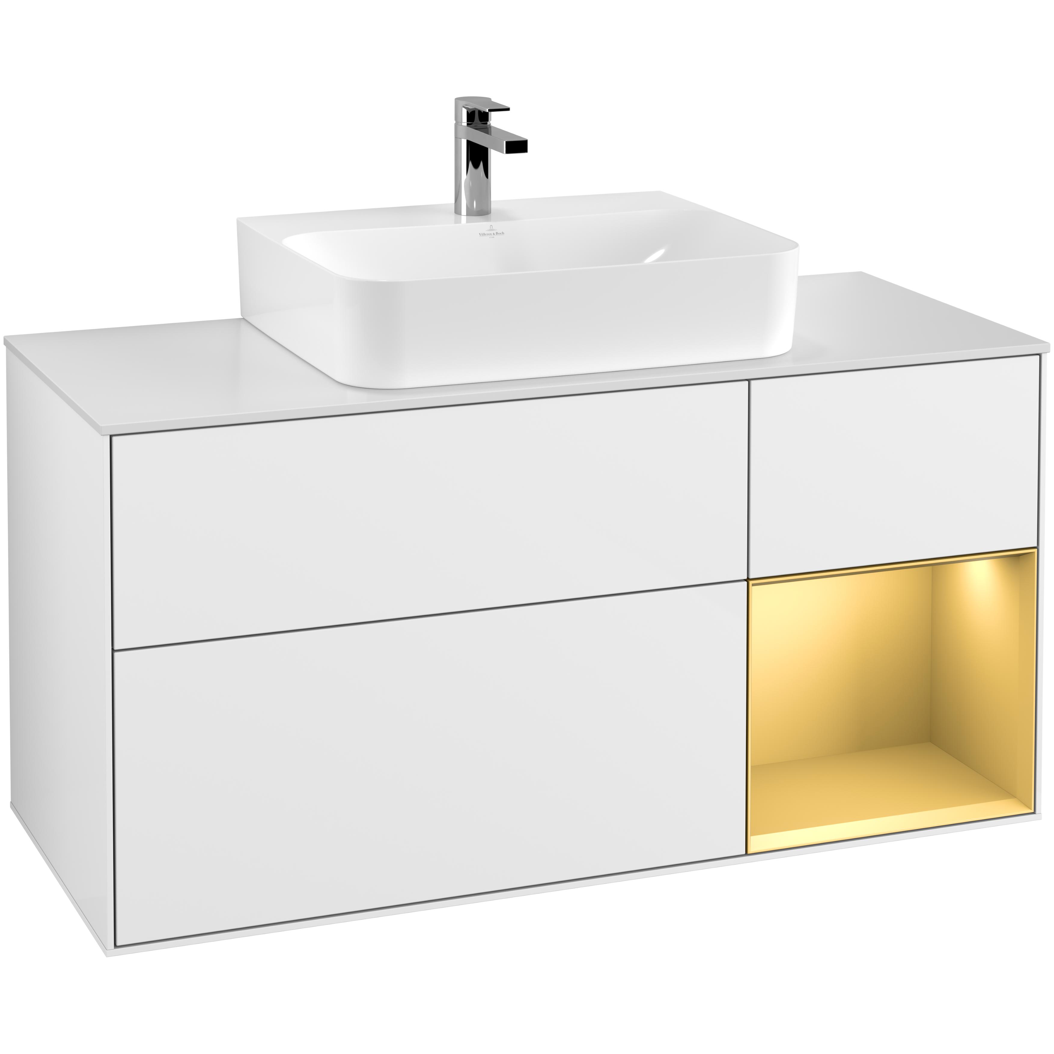Tvättställsskåp Villeroy & Boch Finion F171HFGF Vit Högblank/Guld Mattlack med bänkskiva i Mattvitt glas, Lucka Höger