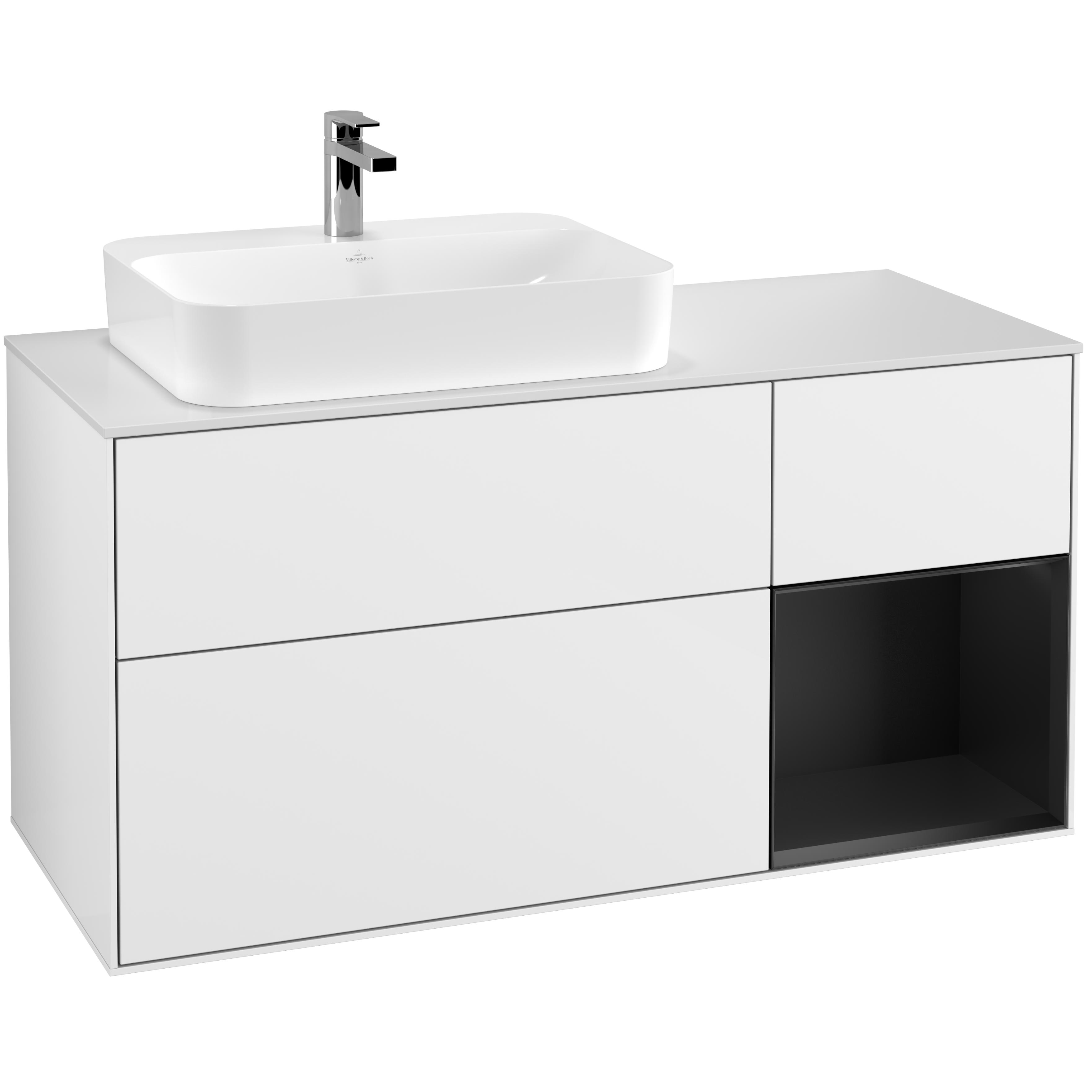 Tvättställsskåp Villeroy & Boch Finion G401PDGF Vit Högblank/Svart Mattlack med bänkskiva i Mattvitt glas med Väggbelysning, Lucka Höger