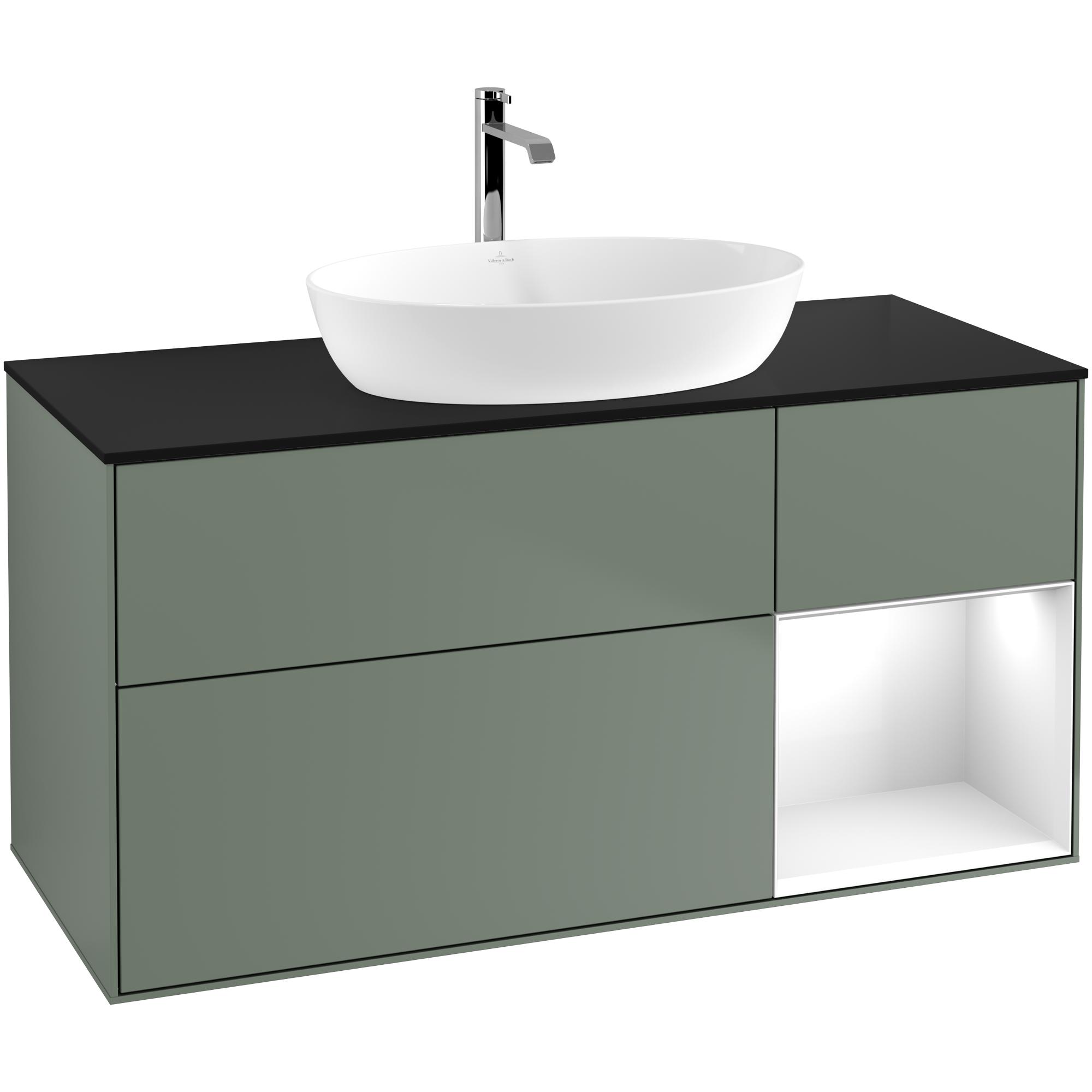 Tvättställsskåp Villeroy & Boch Finion G832GFGM Oliv Mattlack/Vit Högblank med bänkskiva i Mattsvart glas med Väggbelysning, Lucka Höger Med Blandarhål