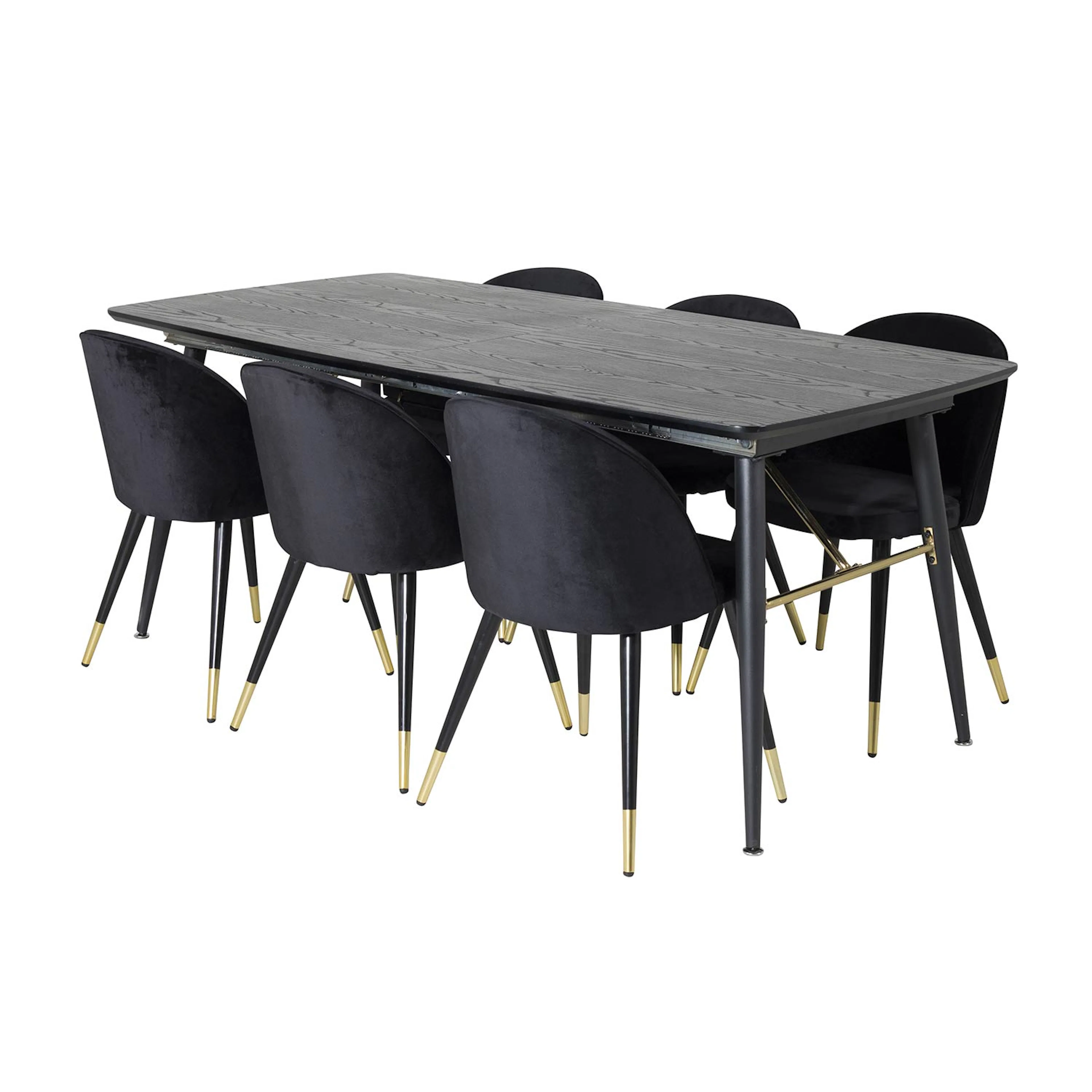 Gold Extention table-Black Veneer+Velvet Chair Brass-Black_6 Svart/Svart/Mässing, Sammet