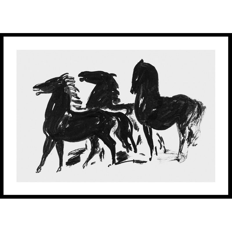 Poster Gallerix Drie Zwarte Paarden Staand Naar Links Kijkend By Leo Gestel