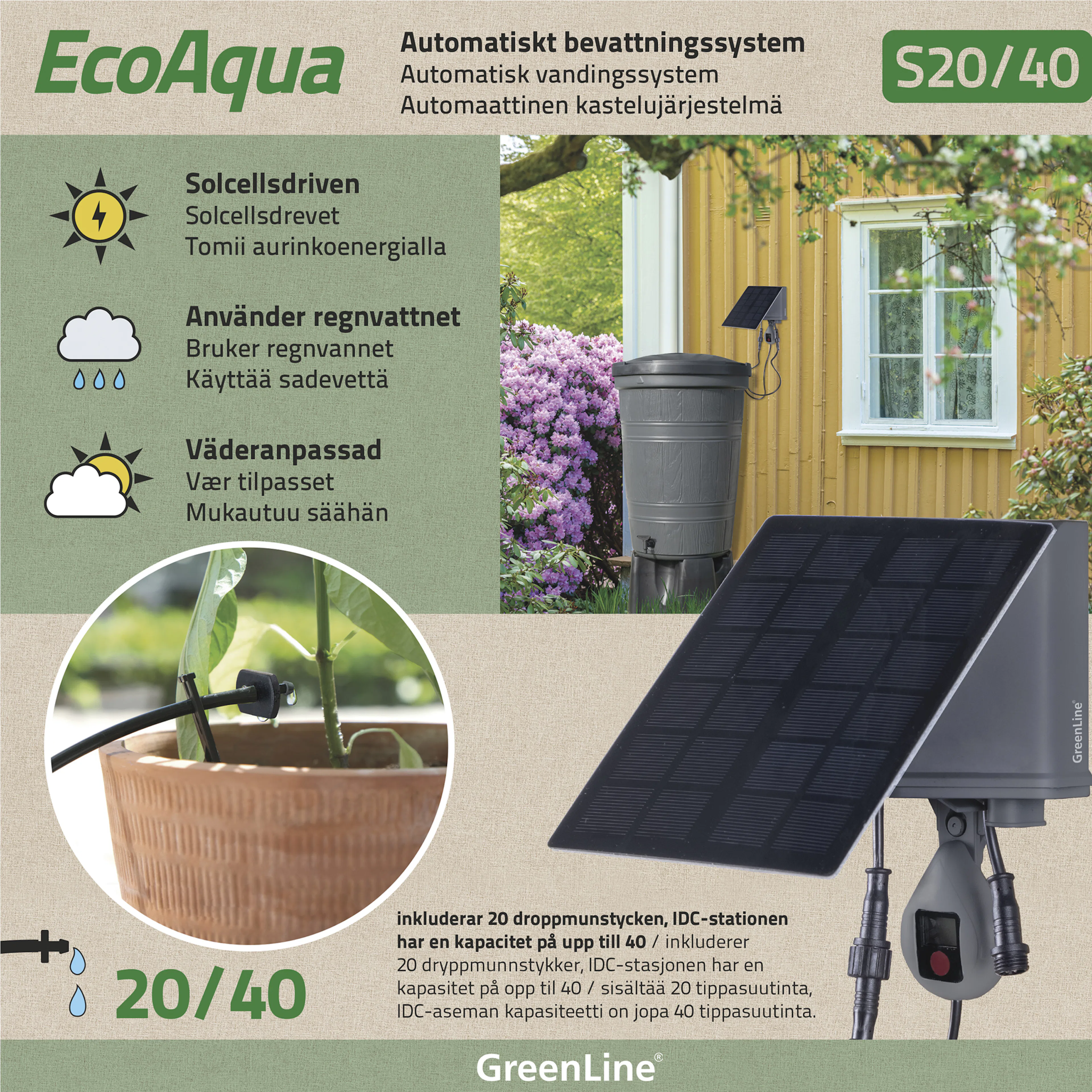 Solcellsdrivet Droppbevattningssystem Greenline EcoAqua S20/40 för Trädgården