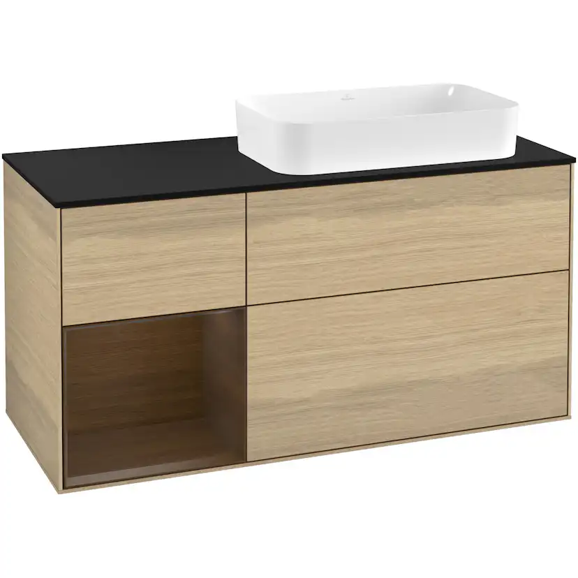 Tvättställsskåp Villeroy & Boch Finion G272GNPC Ekfanér/Valnötsfanér med bänkskiva i Mattsvart glas med Väggbelysning, Lucka Vänster med Blandarhål