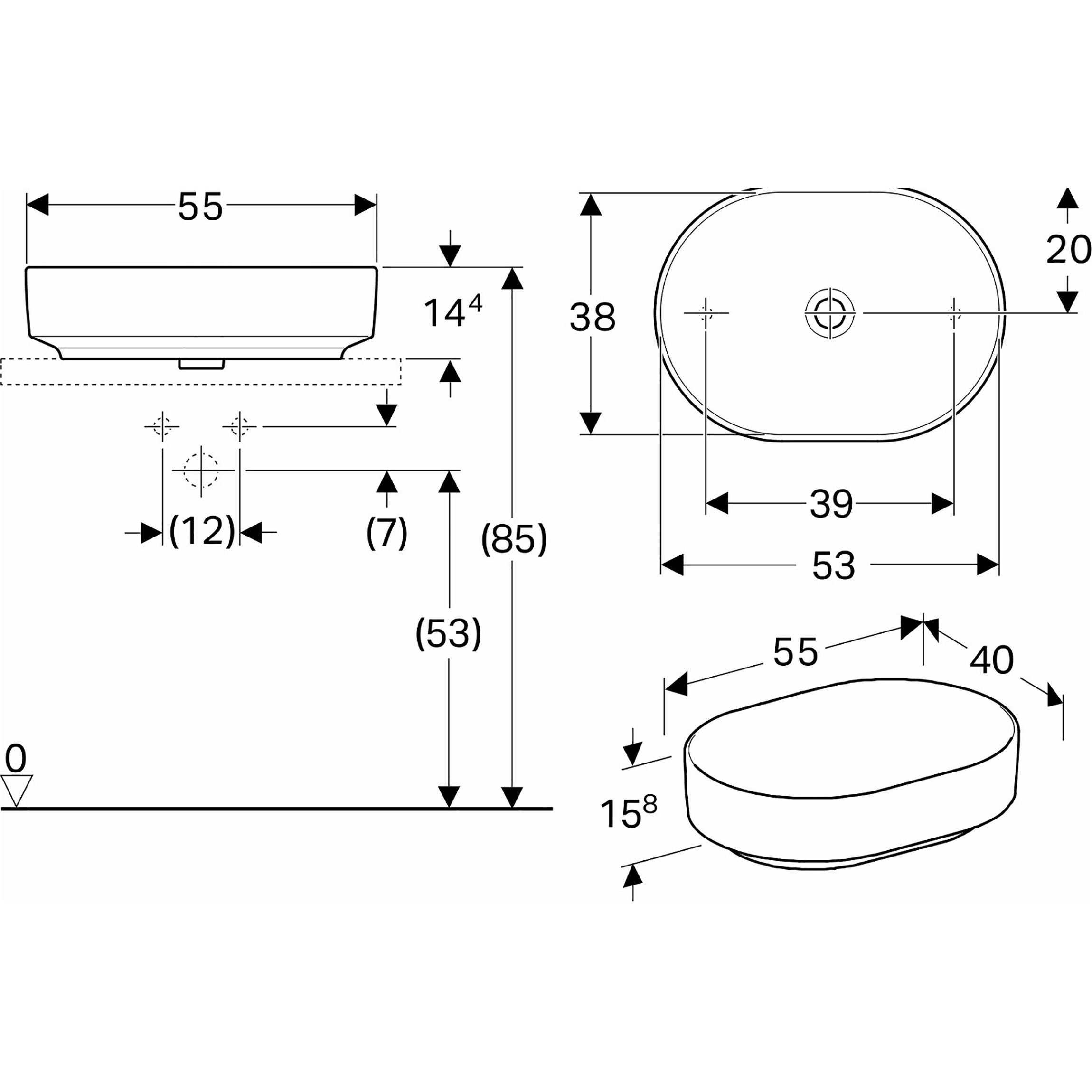 Tvättställ Geberit Variform 550 mm Lay-on Elliptiskt Utan Bräddavlopp